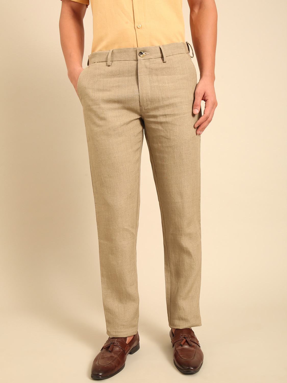 Image of Linen Club Men Regular Fit Khaki Pure Linen Trousers