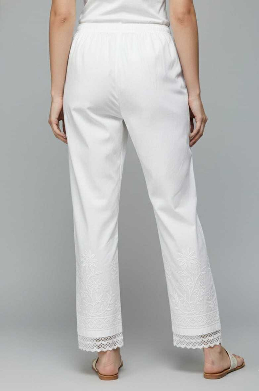 Image of XSHE LUCKNOWI CHIKANKARI Regular Fit Women White Trousers