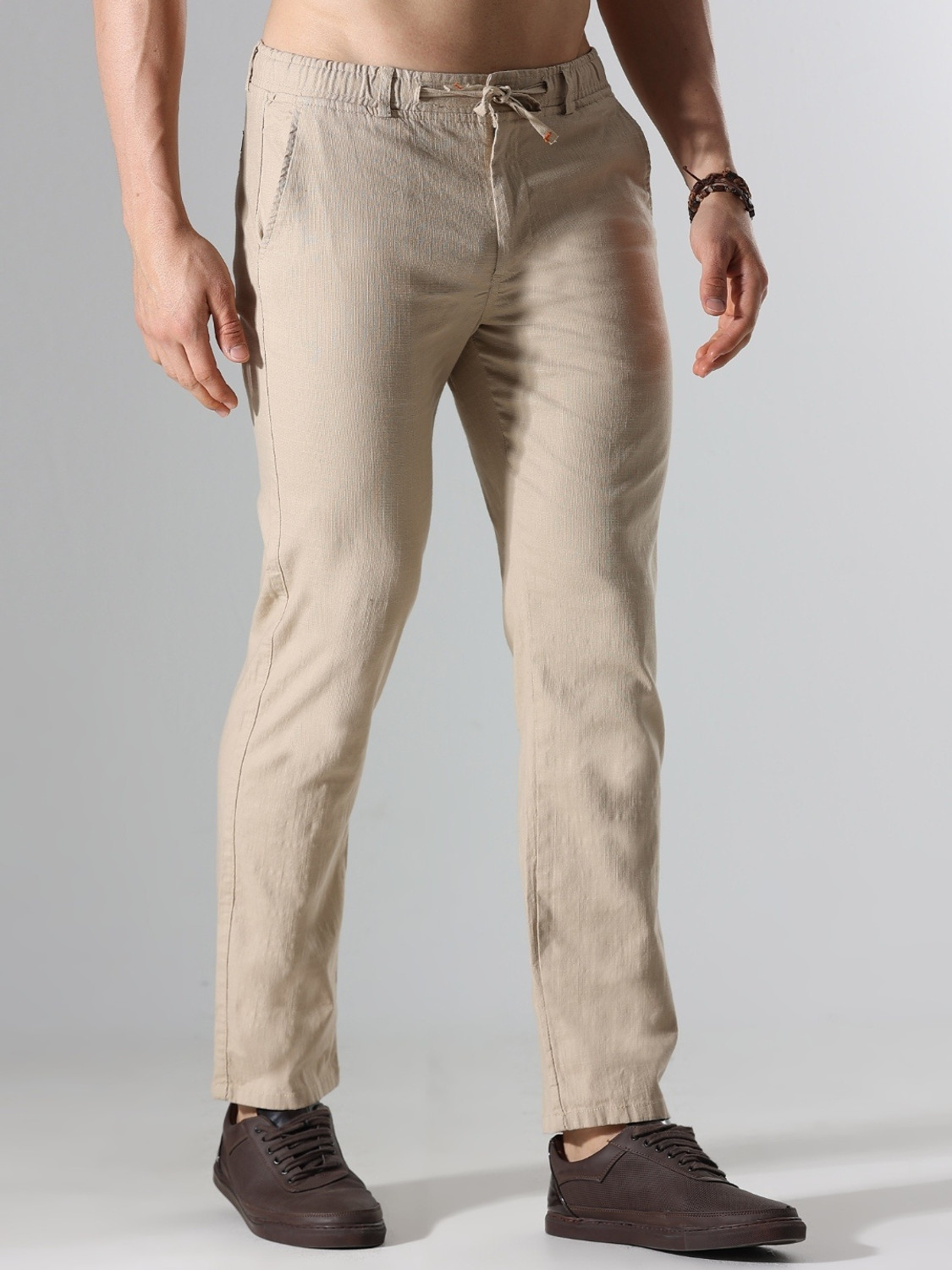 Image of Roadster Men Relaxed Beige Pure Linen Trousers