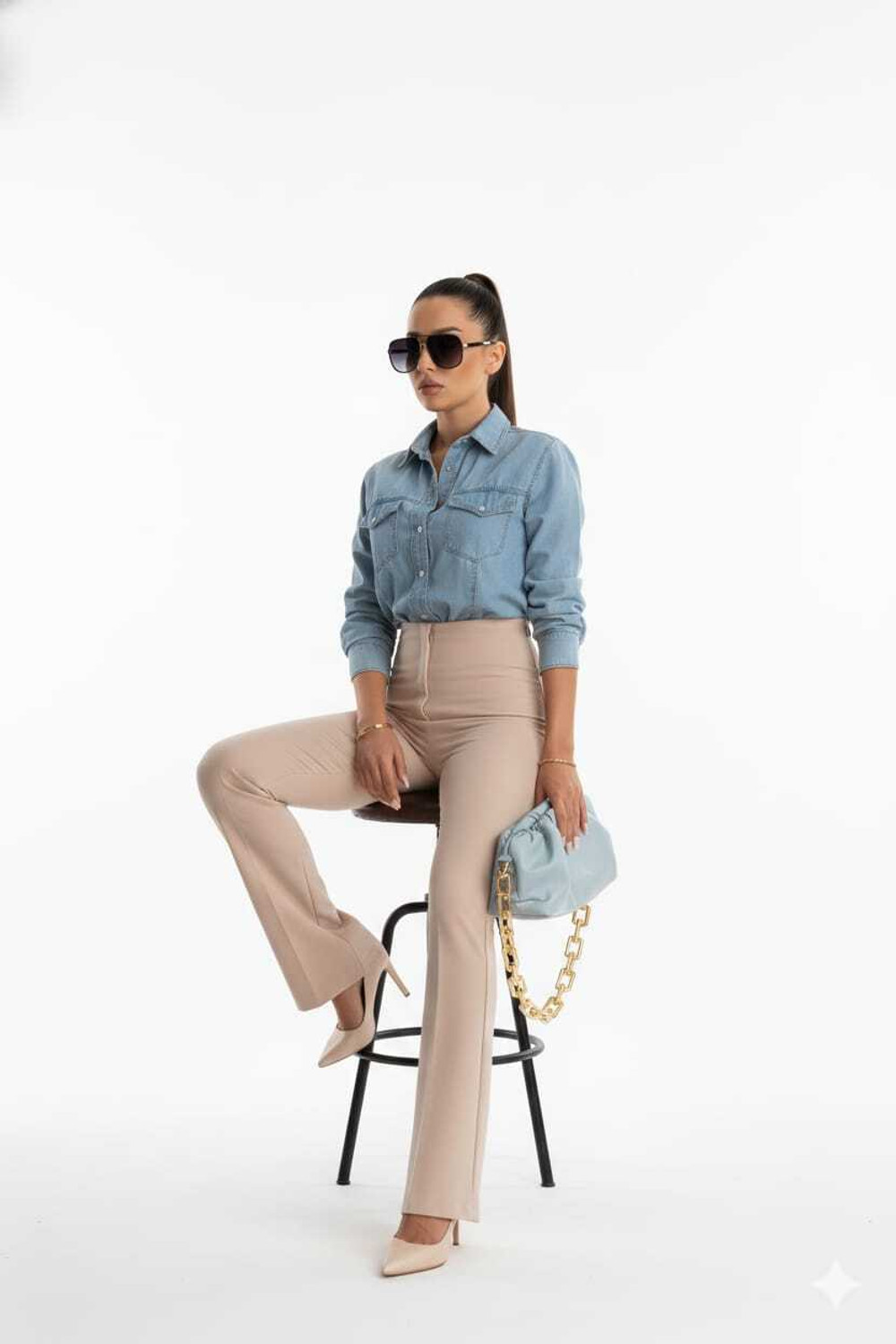 Image of High-Buy Flared Women Beige Trousers