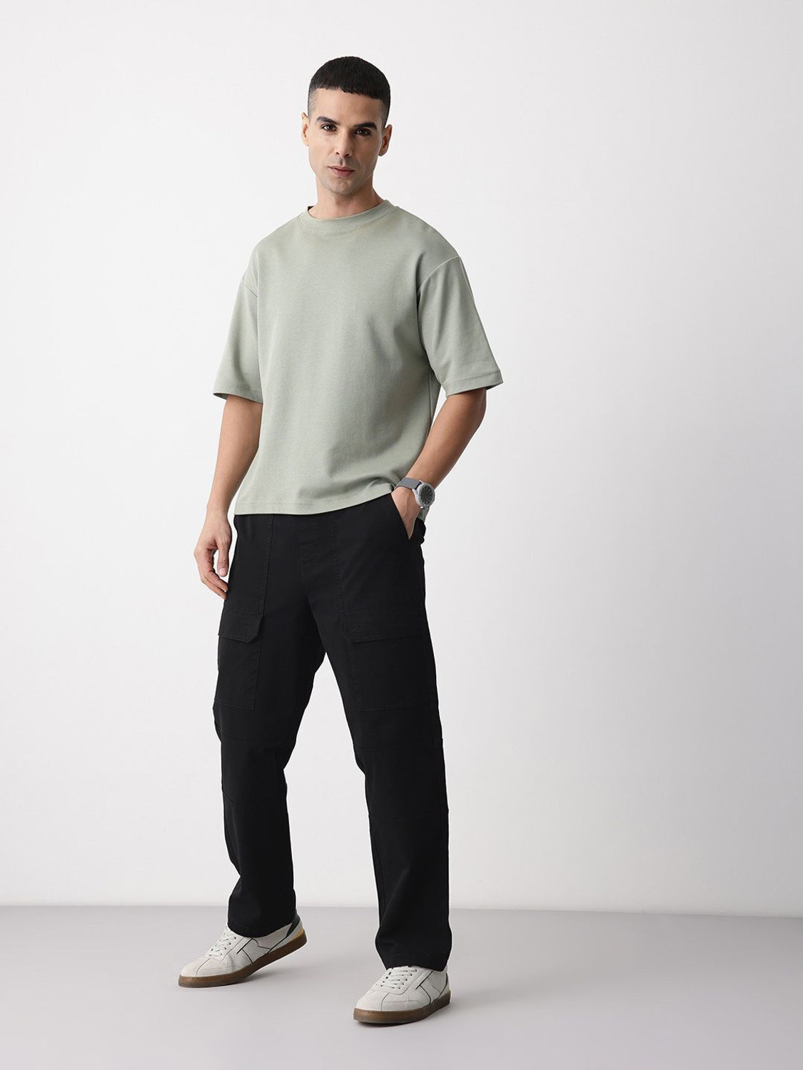 Image of Mast & Harbour Men Straight Fit Black Pure Cotton Trousers