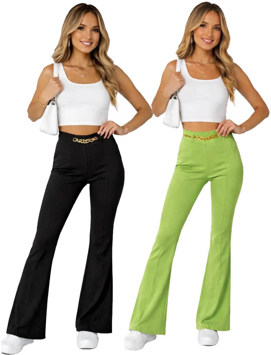 100LUCK Flared Girls Black, Light Green Trousers