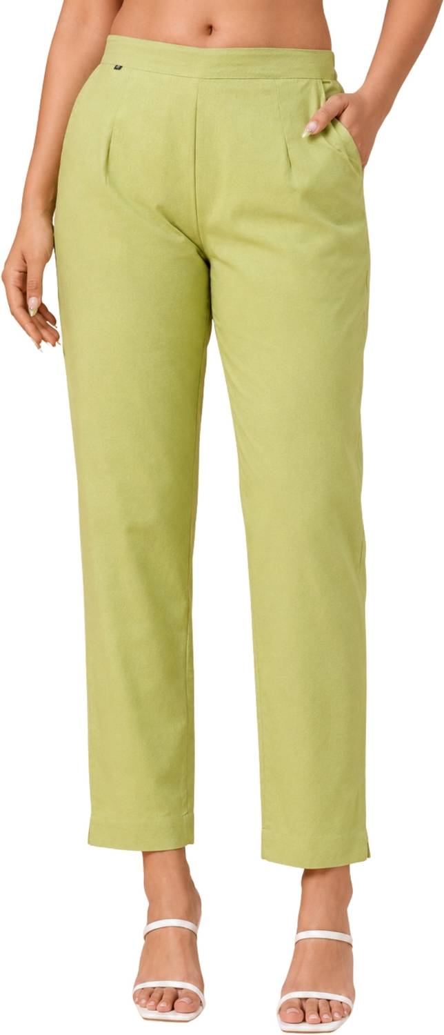 BIDAAS Women Regular Fit Light Green Pure Cotton Trousers