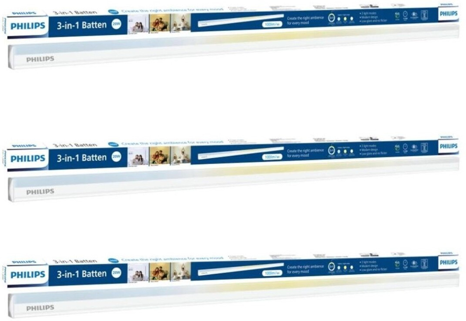 Image of PHILIPS 3-IN-1 WHITE TUNABLE 20W LED BATTEN PACK OF 3 20 W 119.5 cm Tube Light