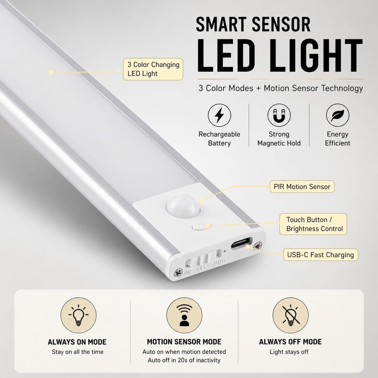 Image of One94Store Rechargeable 30 cm Motion Sensor LED Light, Wireless Under Cabinet 3 Color Modes 2 W 30 cm Tube Light (White, Yellow)