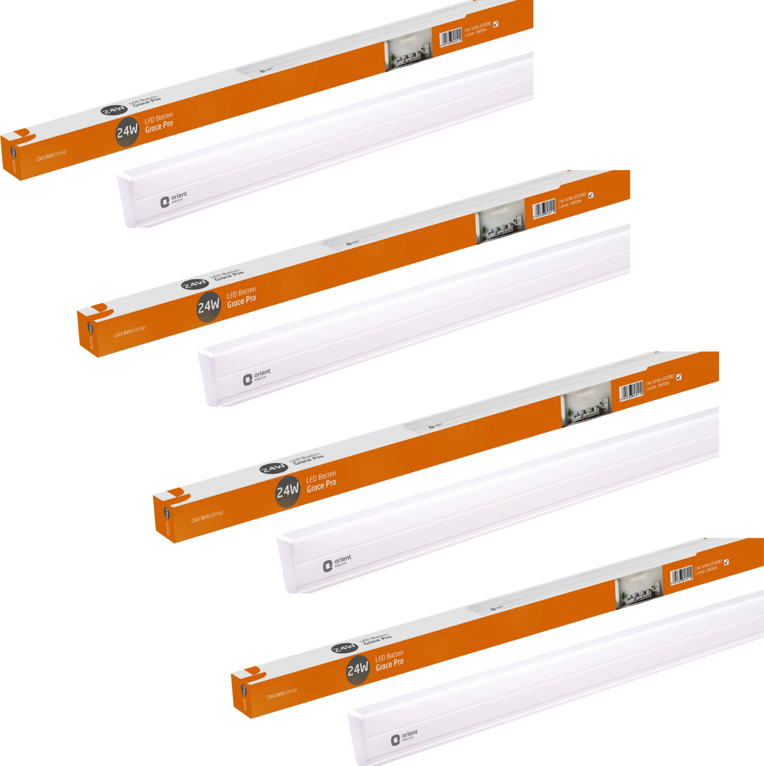 Image of Orient Electric Grace Pro 6500K Square 24W Batten,Highly Efficient & Surge Protection, Pack of 4 24 W 110 cm Tube Light