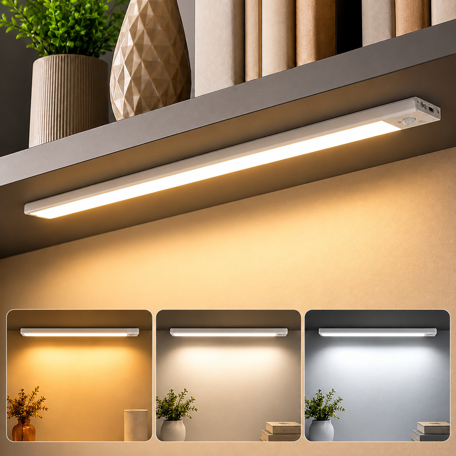 Image of One94Store Rechargeable 30 cm Motion Sensor LED Light, Wireless Under Cabinet 3 Color Modes 2 W 30 cm Tube Light (White, Yellow)