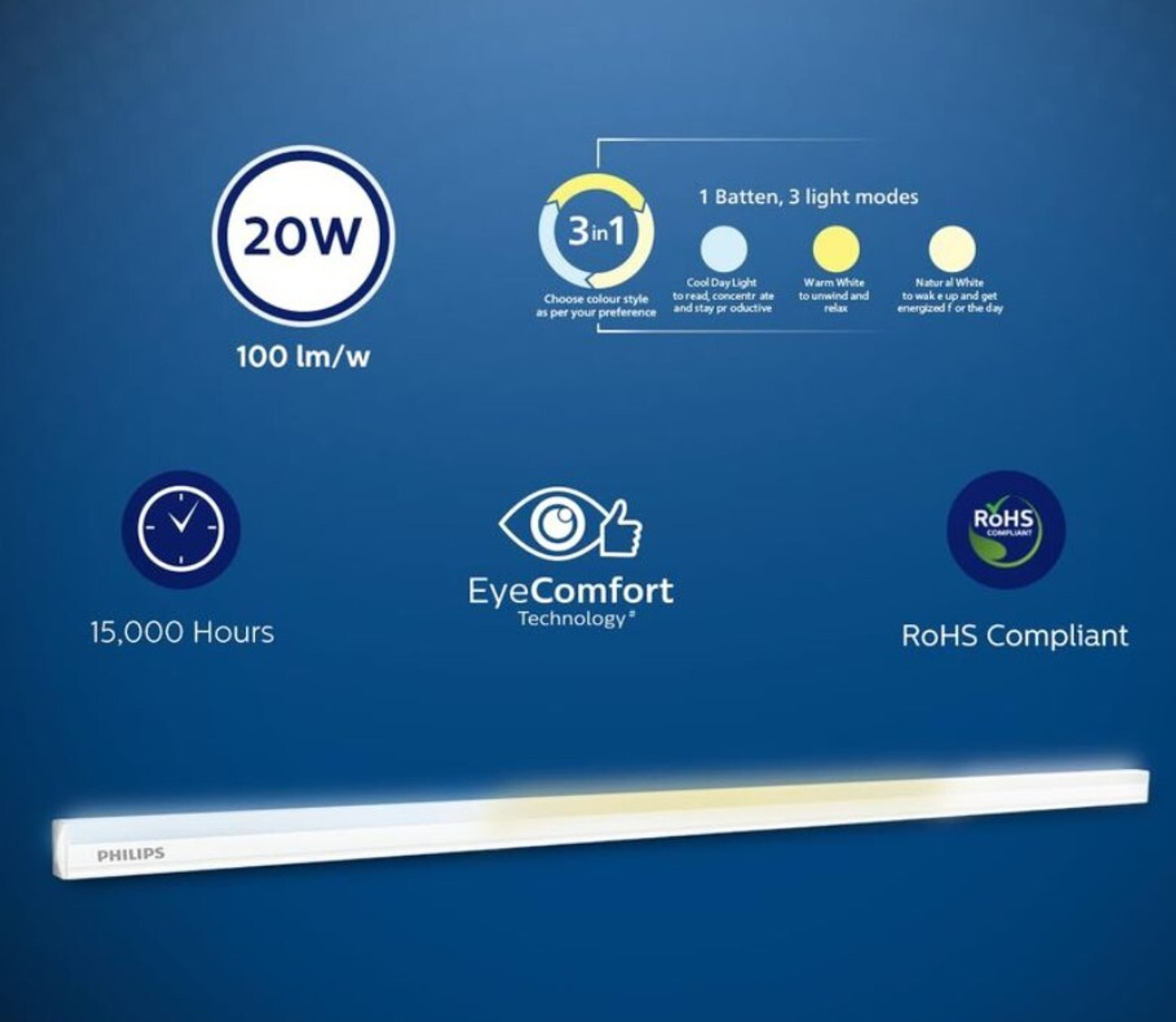 Image of PHILIPS 3-IN-1 WHITE TUNABLE 20W LED BATTEN PACK OF 3 20 W 119.5 cm Tube Light