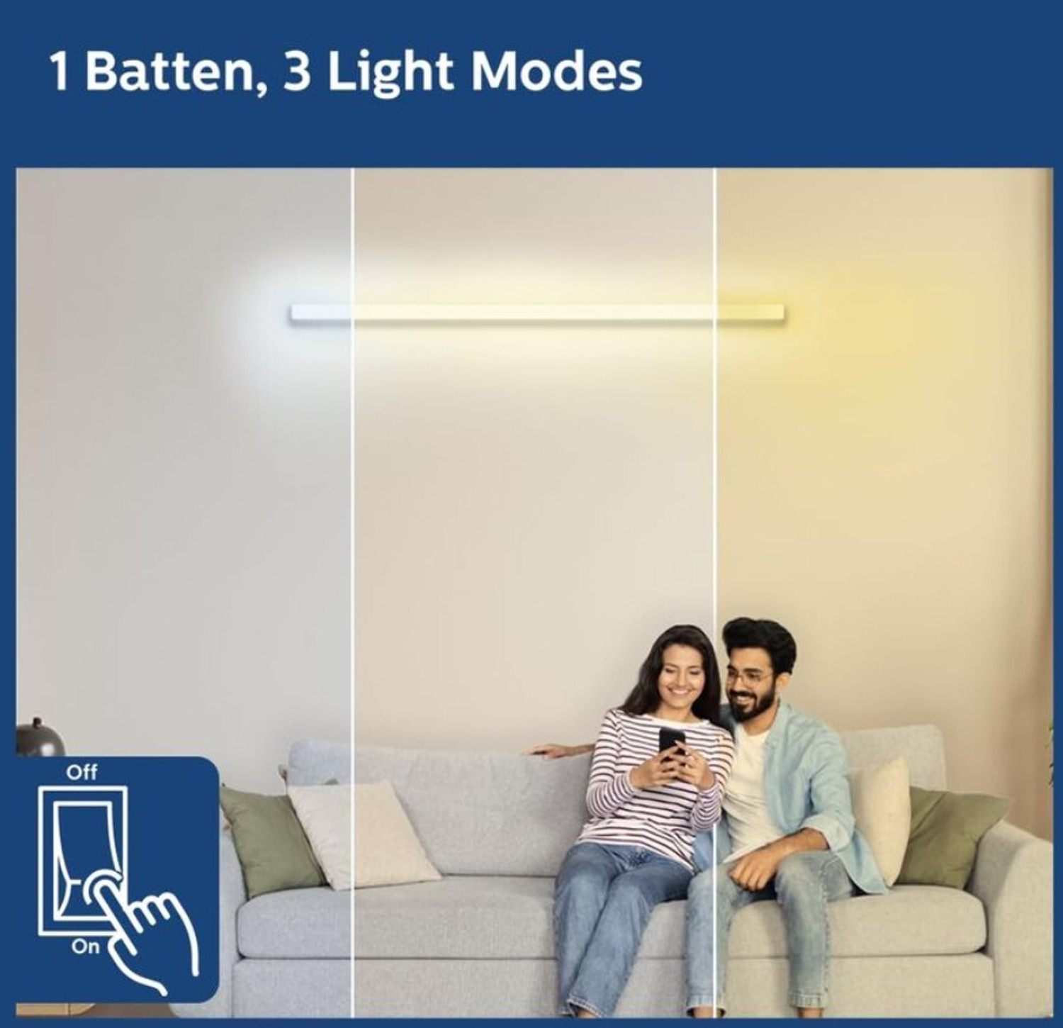Image of PHILIPS 3-IN-1 WHITE TUNABLE 20W LED BATTEN PACK OF 3 20 W 119.5 cm Tube Light