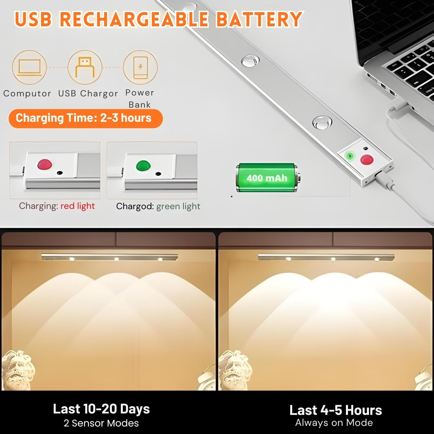 Image of RJD1114 LED Under Cabinet Light with Motion Sensor, USB Rechargeable - 40cm, Warm Yellow 5 W 40 cm Tube Light