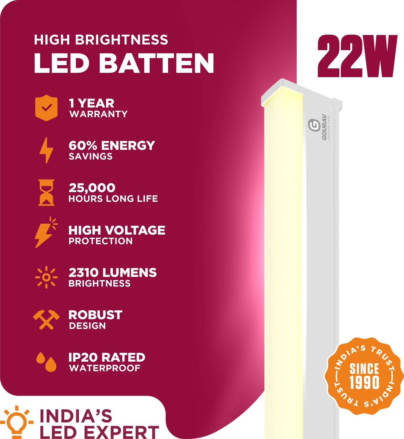 GOURAV Lotus 4 Feet Warm White Tube Light - Image 3