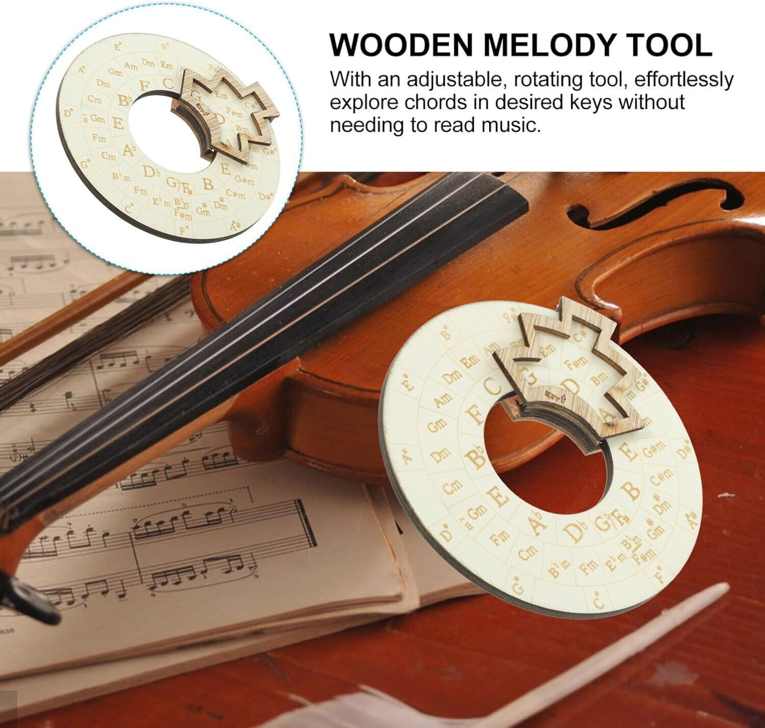 Image of amiciSound Circle of Fifth Wheel for Music Theory Reference, Wooden Melody Tool Manual Analog Tuner