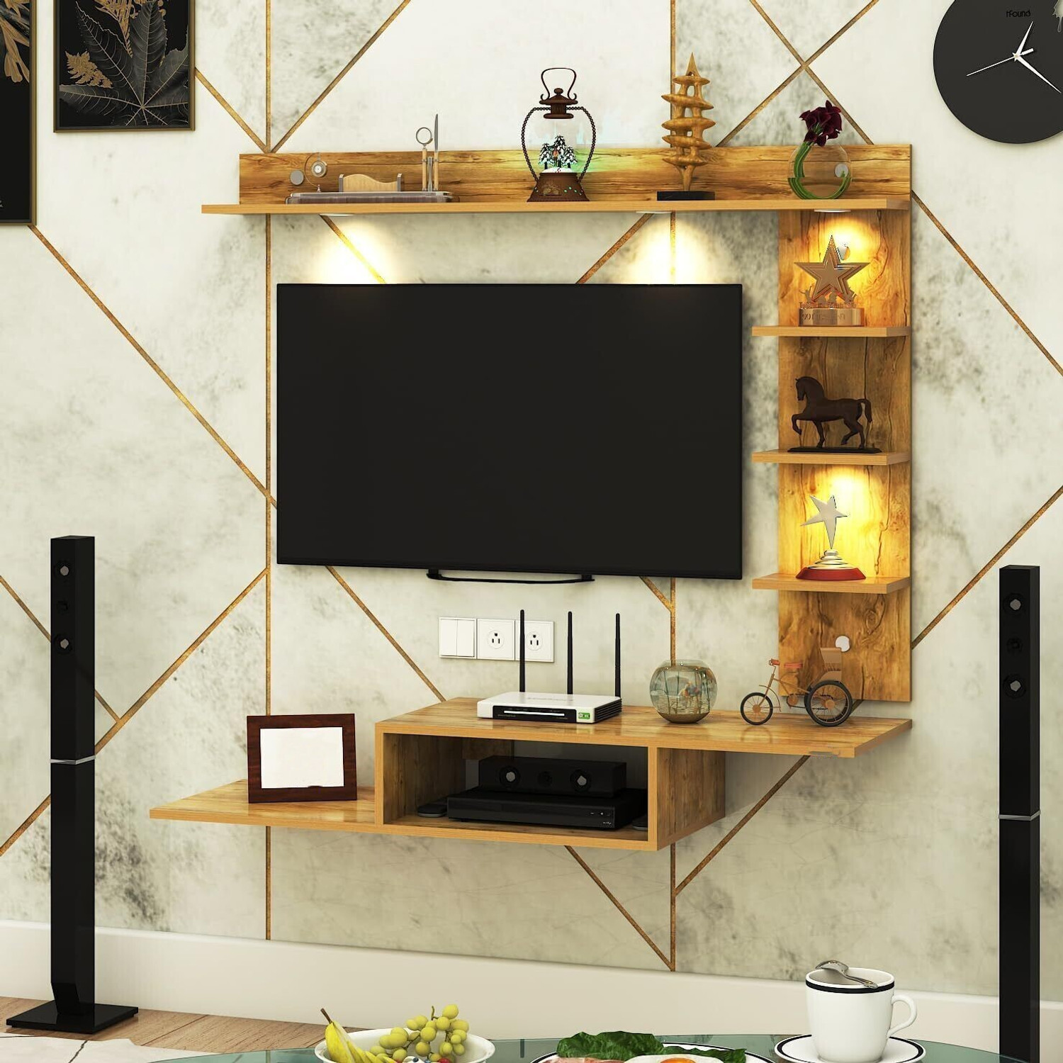 Image of FURNIWUD Wintor Wall Mounted TV Unit with 4 LED Lights, Storage Box & Decorative Shelf Engineered Wood TV Entertainment Unit