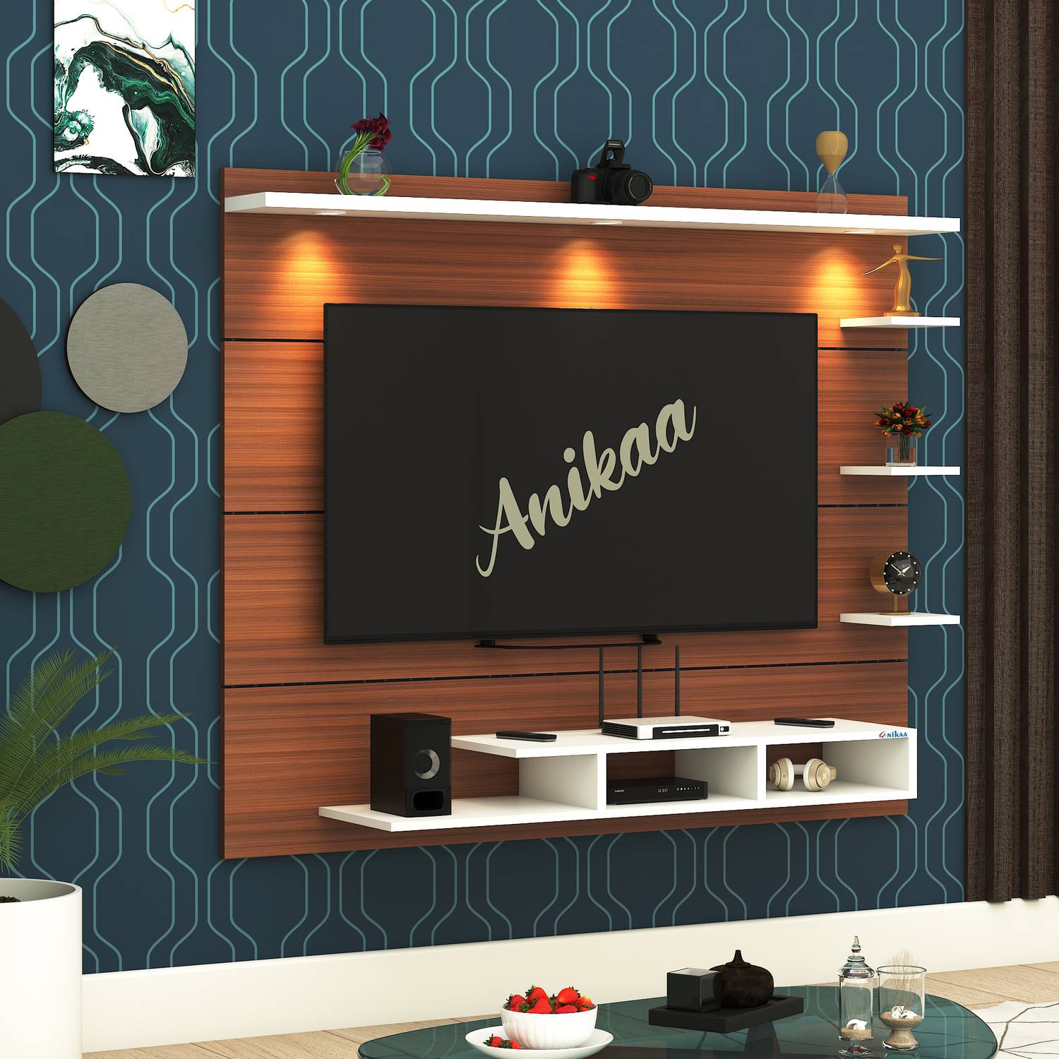 ANIKAA Nexa Wall Mount TV Unit Cabinet with 3 LED Lights & Shelves Ideal for Up to 43" Engineered Wood TV Entertainment Unit