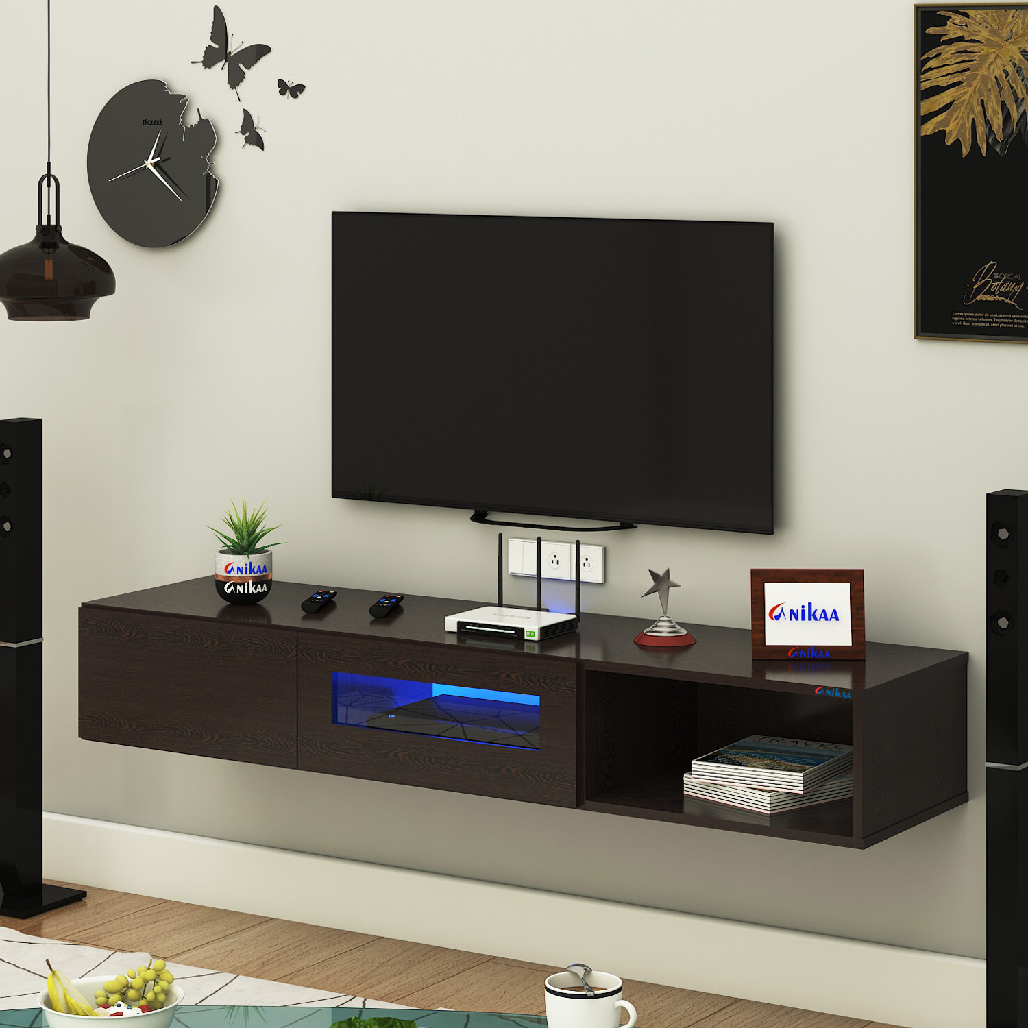 Image of ANIKAA Strix Wall Mount Modern Floating TV Unit with Storage Cabinet & Blue LED Light Engineered Wood TV Entertainment Unit