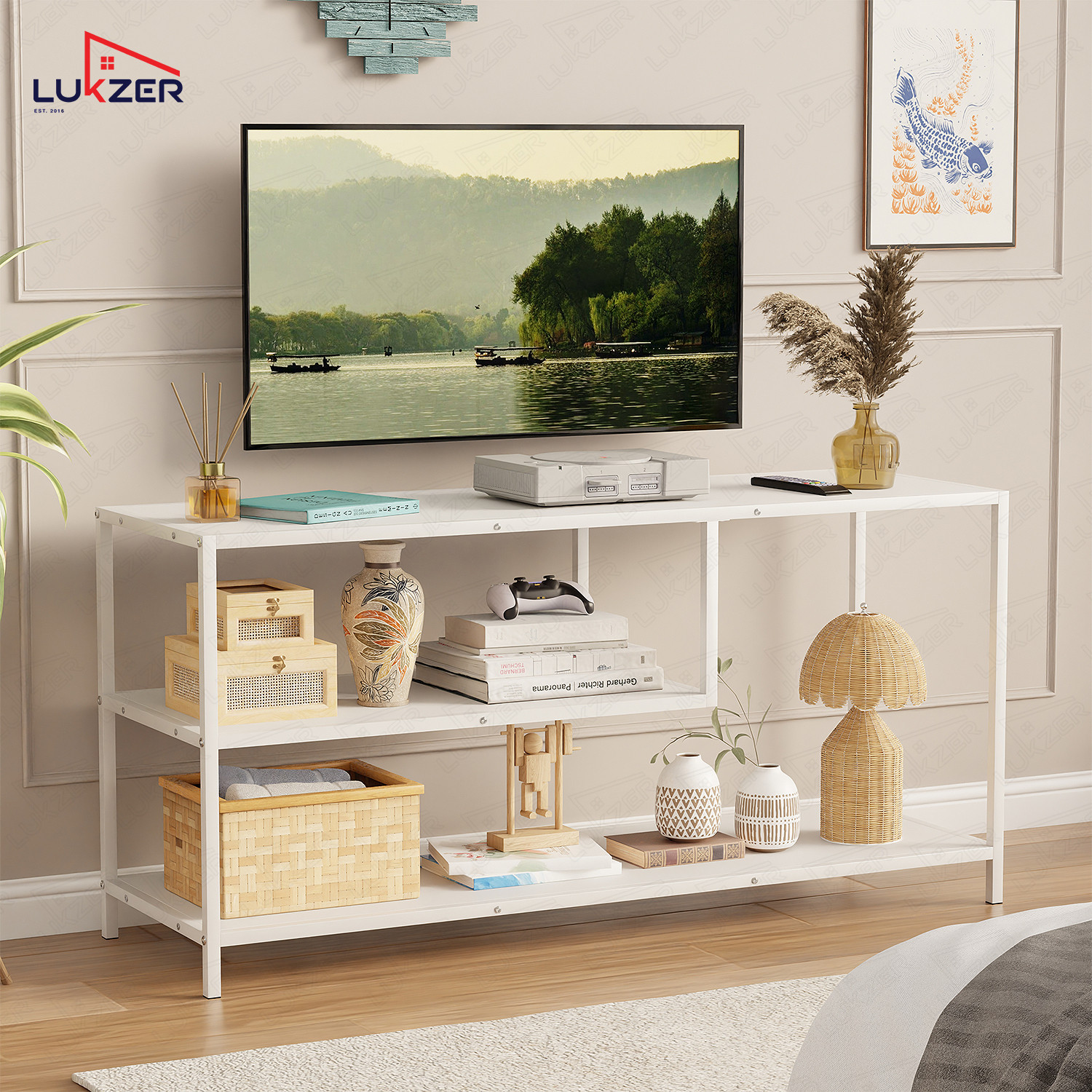 Image of LUKZER Lukzer MTU-001 White & White Wooden Metal TV Unit Table Engineered Wood TV Entertainment Unit