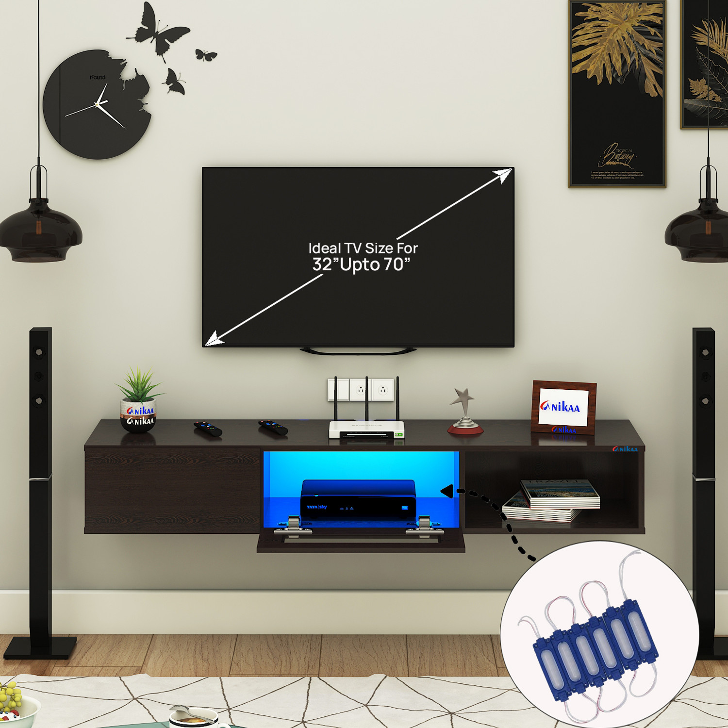 Image of FURNIWUD Strix Wall Mount Modern Floating TV Unit with Storage Cabinet & Blue LED Light Engineered Wood TV Entertainment Unit