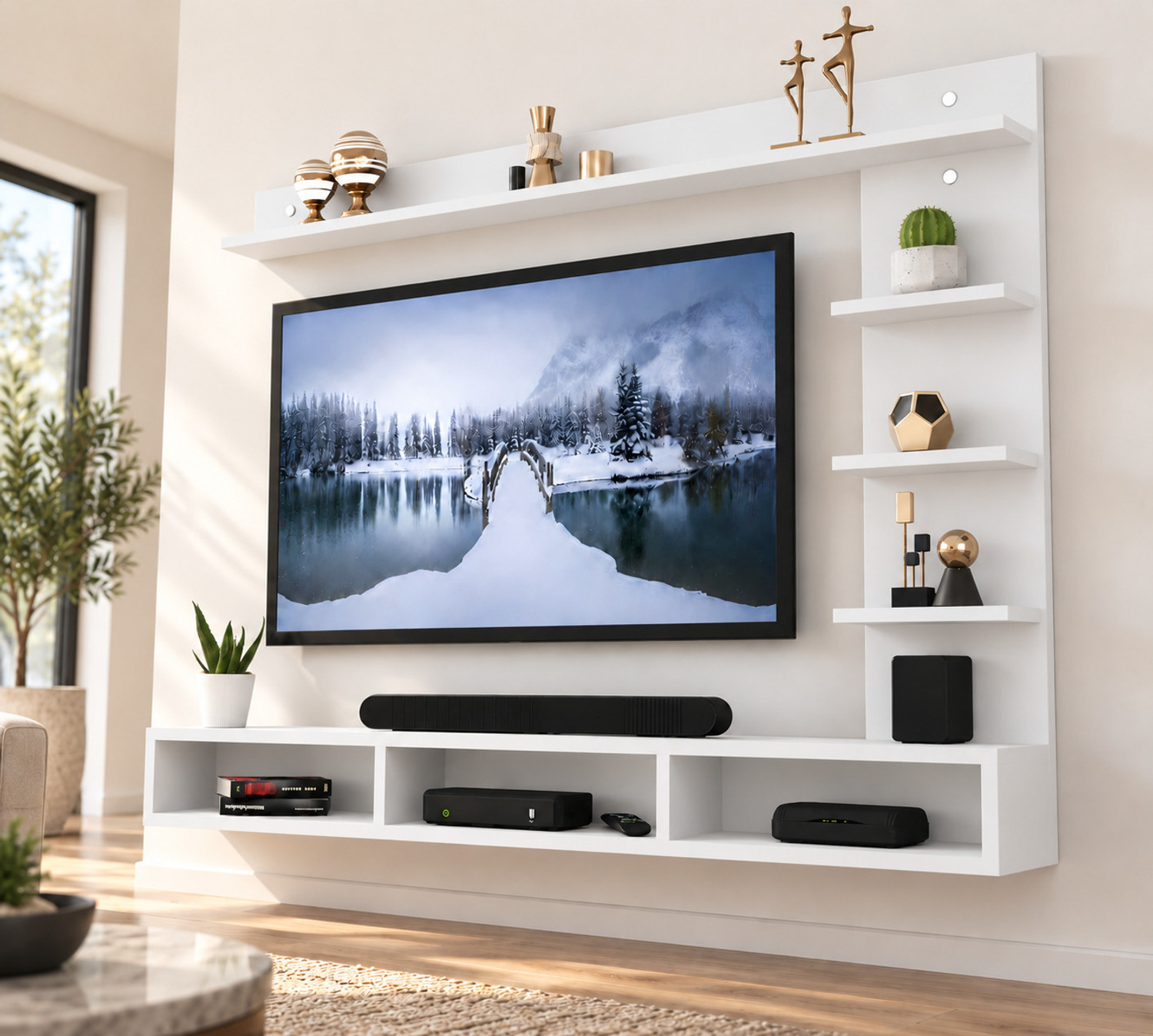 Image of Artival Crafts Urban Wall Mounted Engineered Wood TV Unit with Storage Shelves, Wenge & White Engineered Wood TV Entertainment Unit