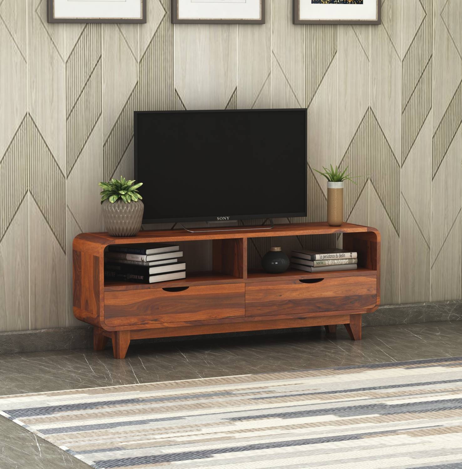 SAVITRIDECOR Sheesham Wood Tv unit with 2 drawers ,shelfs for Hom