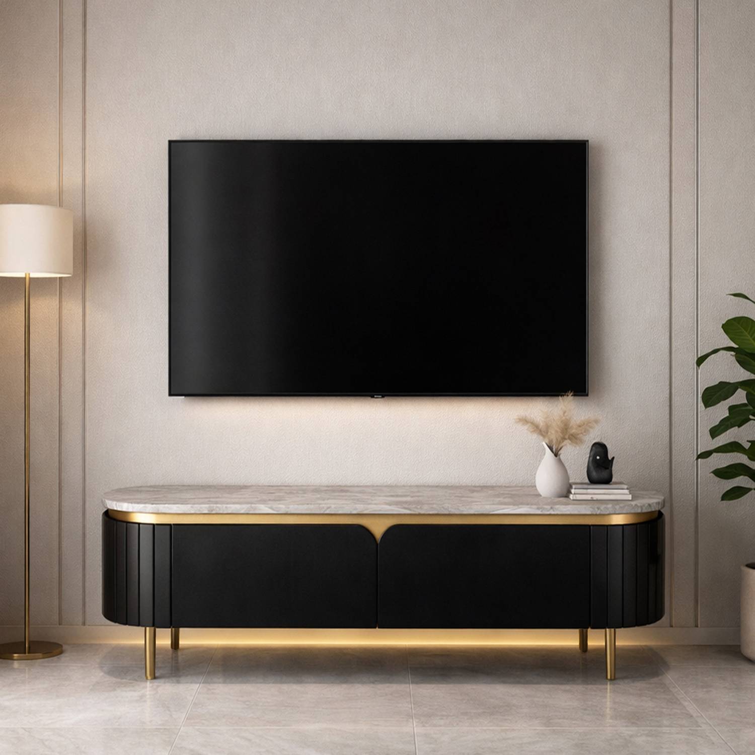 THE ATTIC The Attic Carlston TV Cabinet, Solid Wood, Black Matte Finish Solid Wood TV Entertainment Unit