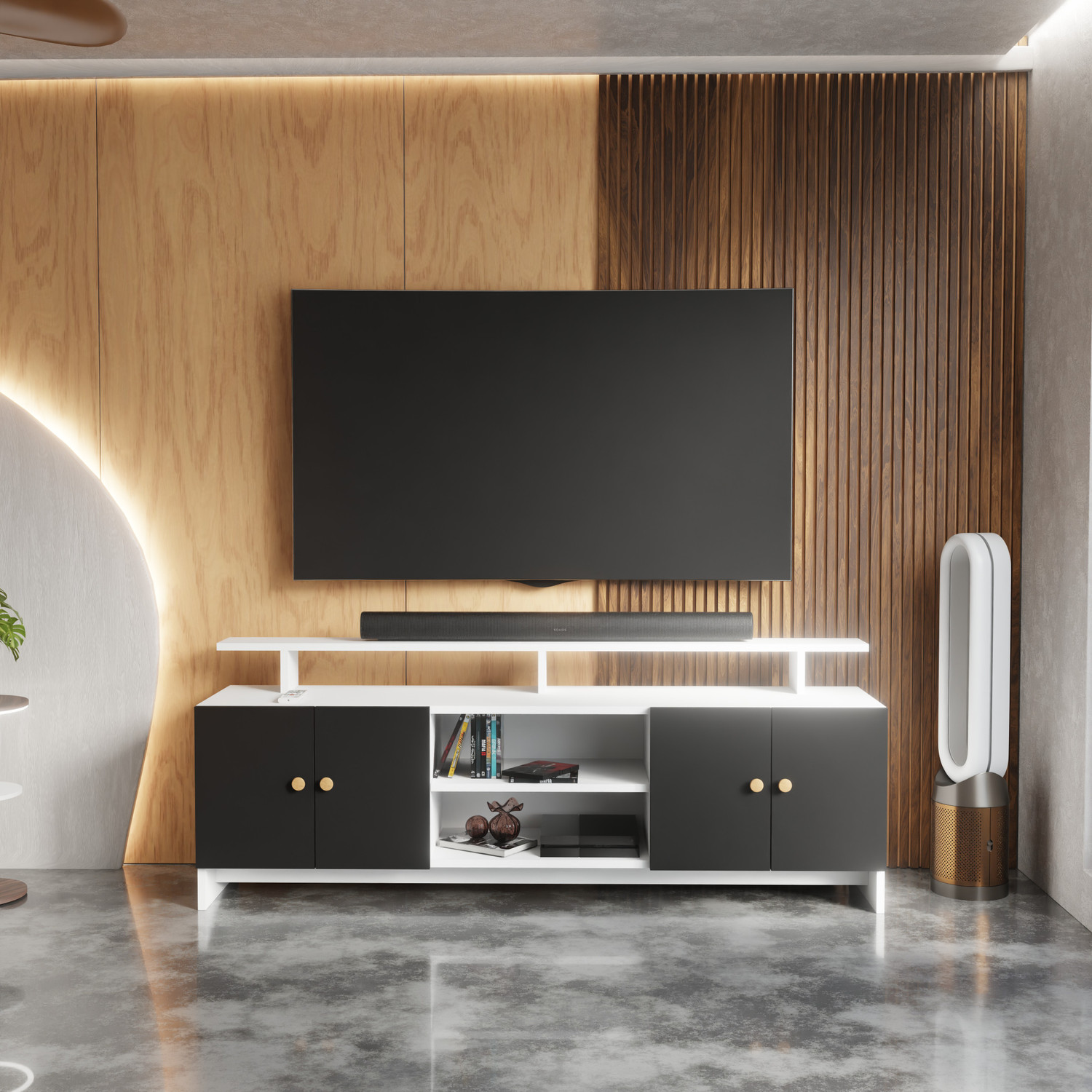 Image of Flipkart Perfect Homes TV Stand Table for Living Room | TV Unit Cabinet Furniture for Home |Living room Engineered Wood TV Entertainment Unit (Finish Color - White & Black, DIY(Do-It-Yourself))