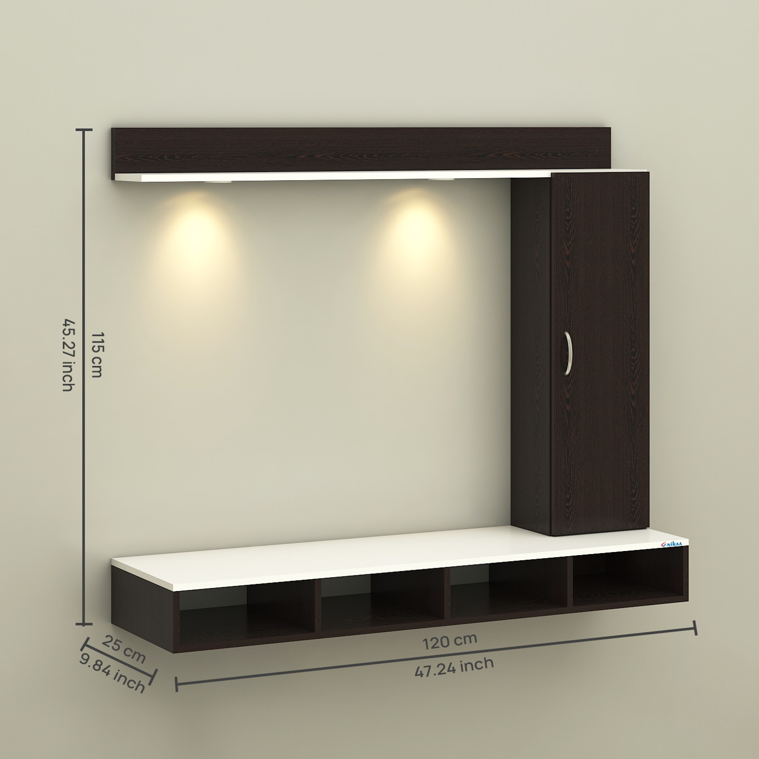 Image of ANIKAA Dorex Wall Mounted TV Unit with LED Lights, Storage Cabinet & Display Shelf Engineered Wood TV Entertainment Unit