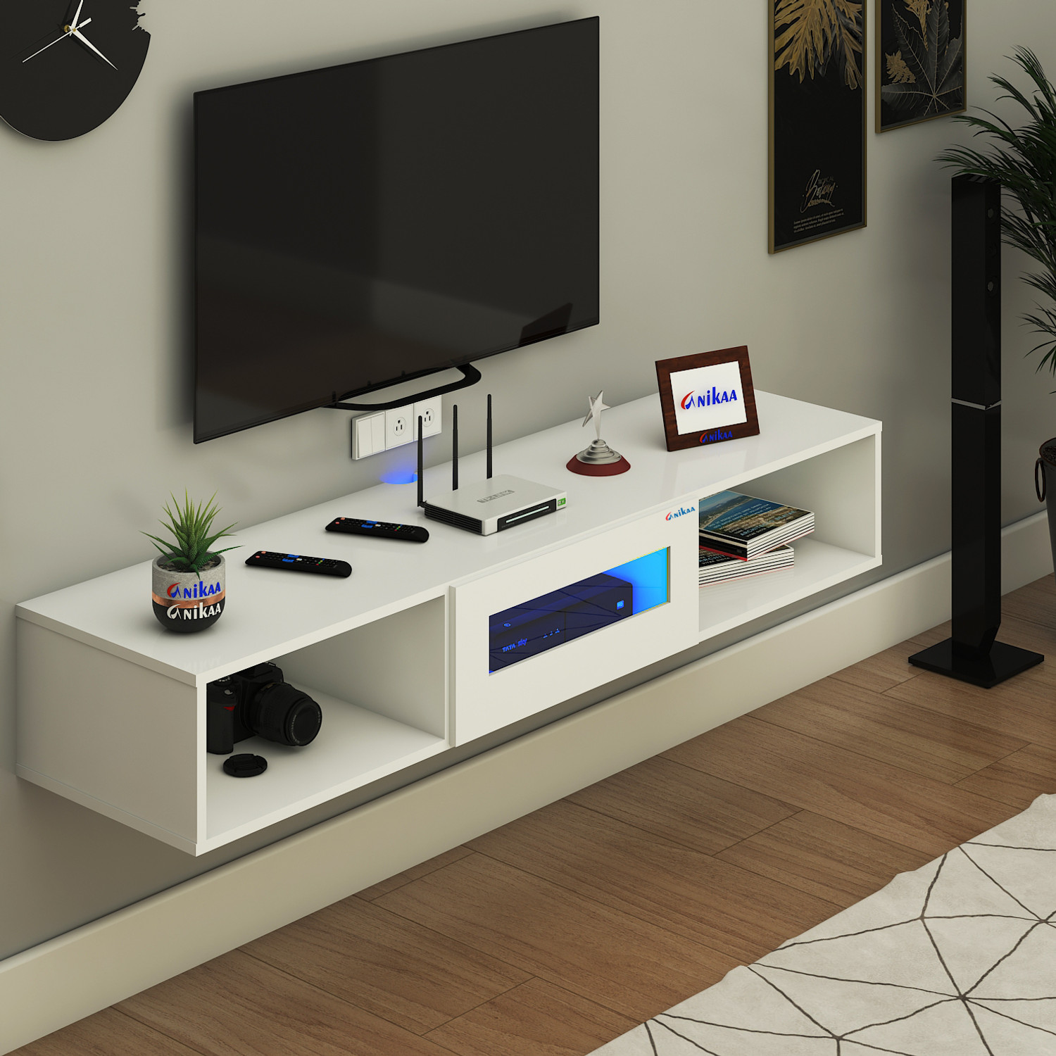 Image of FURNIWUD Novus Wall Mount Modern Floating TV Unit with Storage Cabinet & Blue LED Light Engineered Wood TV Entertainment Unit
