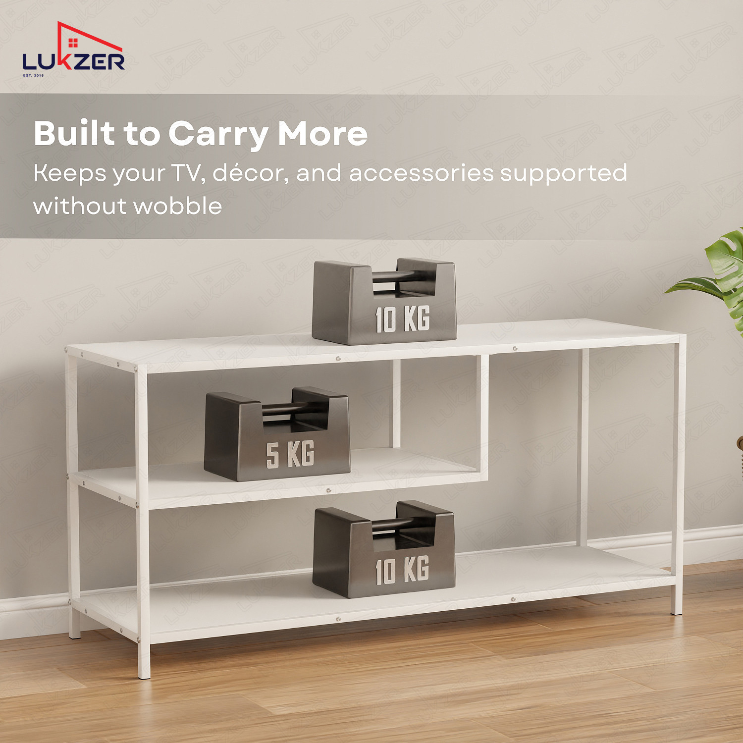 Image of LUKZER Lukzer MTU-001 White & White Wooden Metal TV Unit Table Engineered Wood TV Entertainment Unit