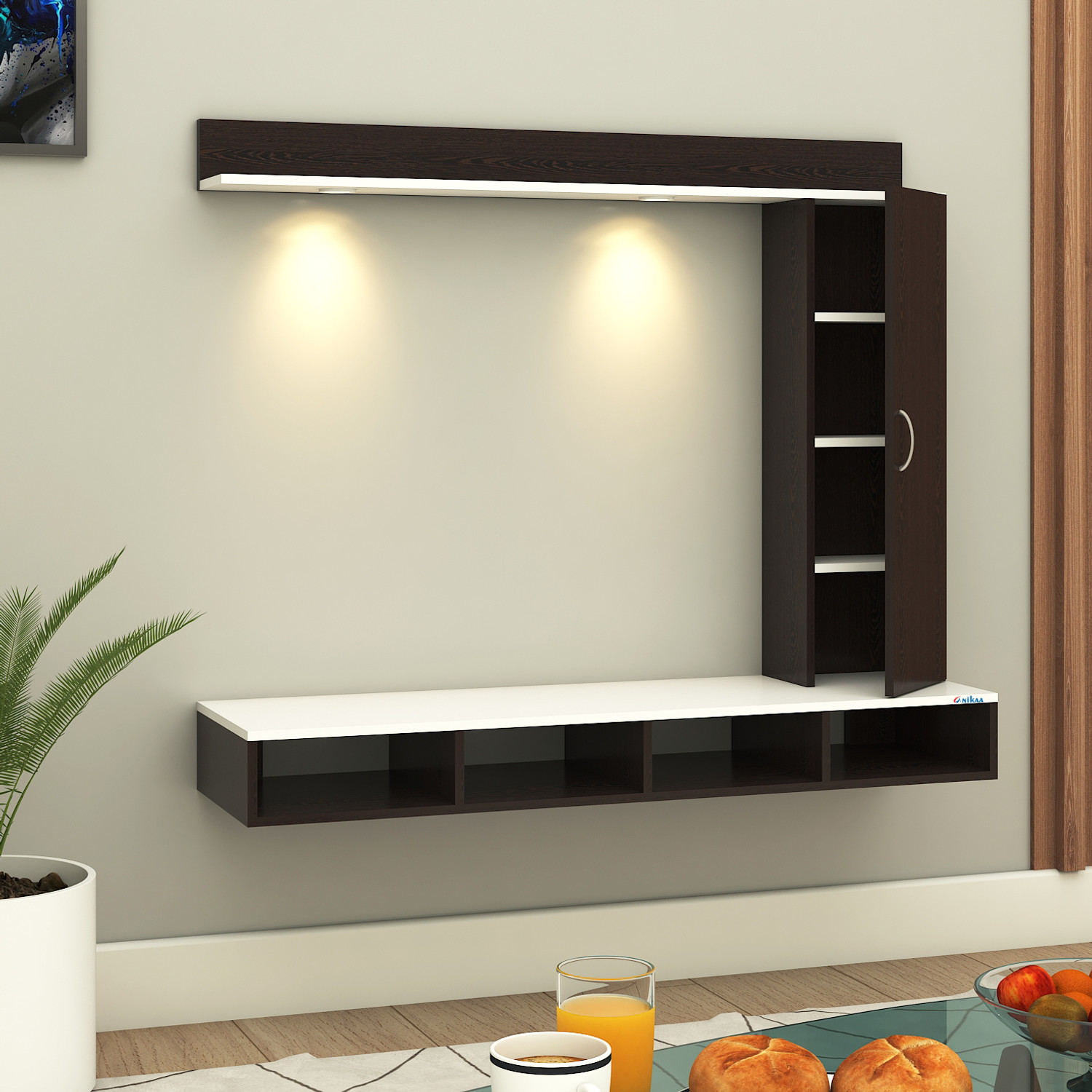 Image of ANIKAA Dorex Wall Mounted TV Unit with LED Lights, Storage Cabinet & Display Shelf Engineered Wood TV Entertainment Unit