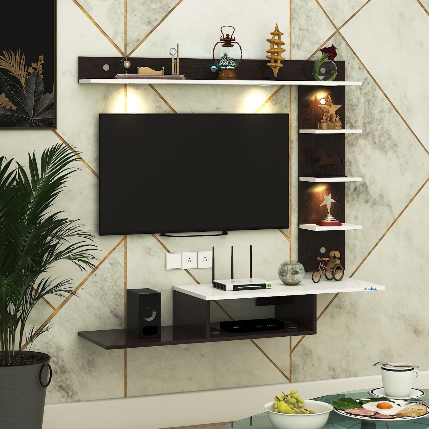 Image of ANIKAA Wintor Wall Mounted TV Unit with 4 LED Lights, Storage Box & Decorative Shelf Engineered Wood TV Entertainment Unit (Finish Color - Wenge /White, DIY(Do-It-Yourself))