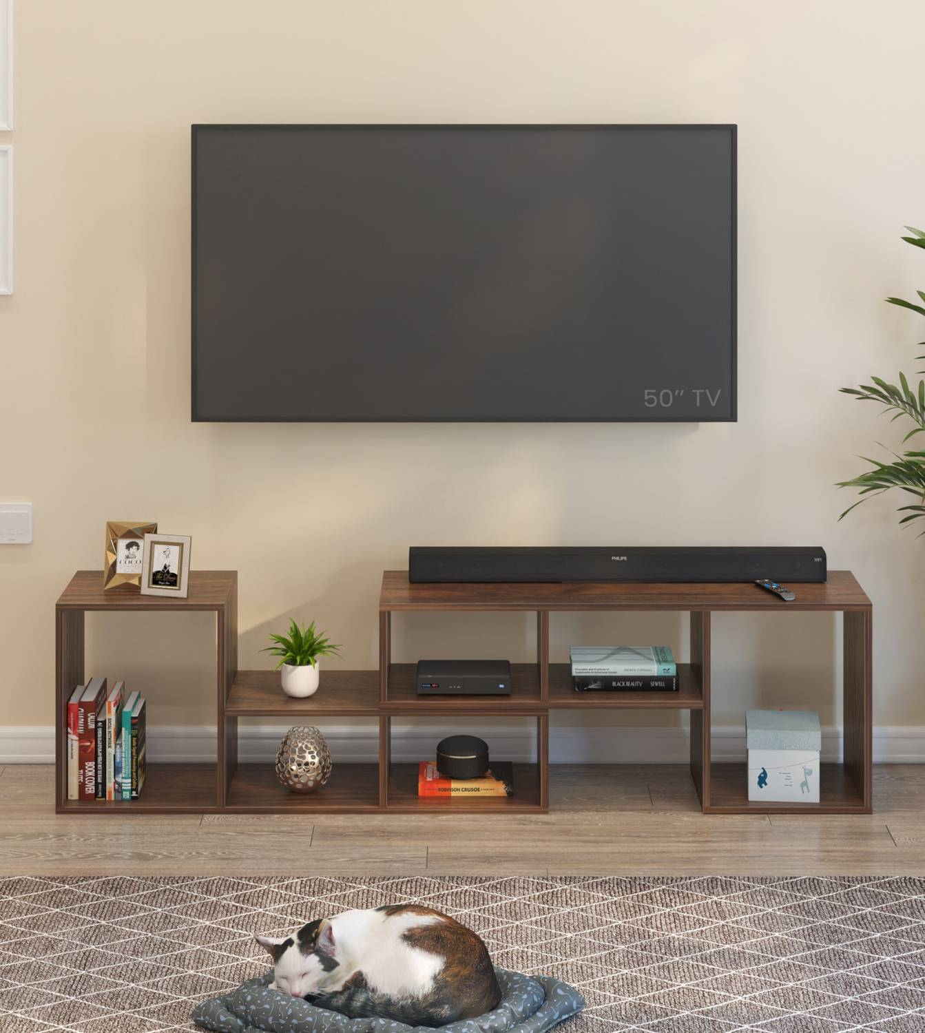 BLUEWUD Petel Versatile TV Unit with 6 Compartments Adjustable L-Shaped Shelves DIY 65" Engineered Wood TV Entertainment Unit