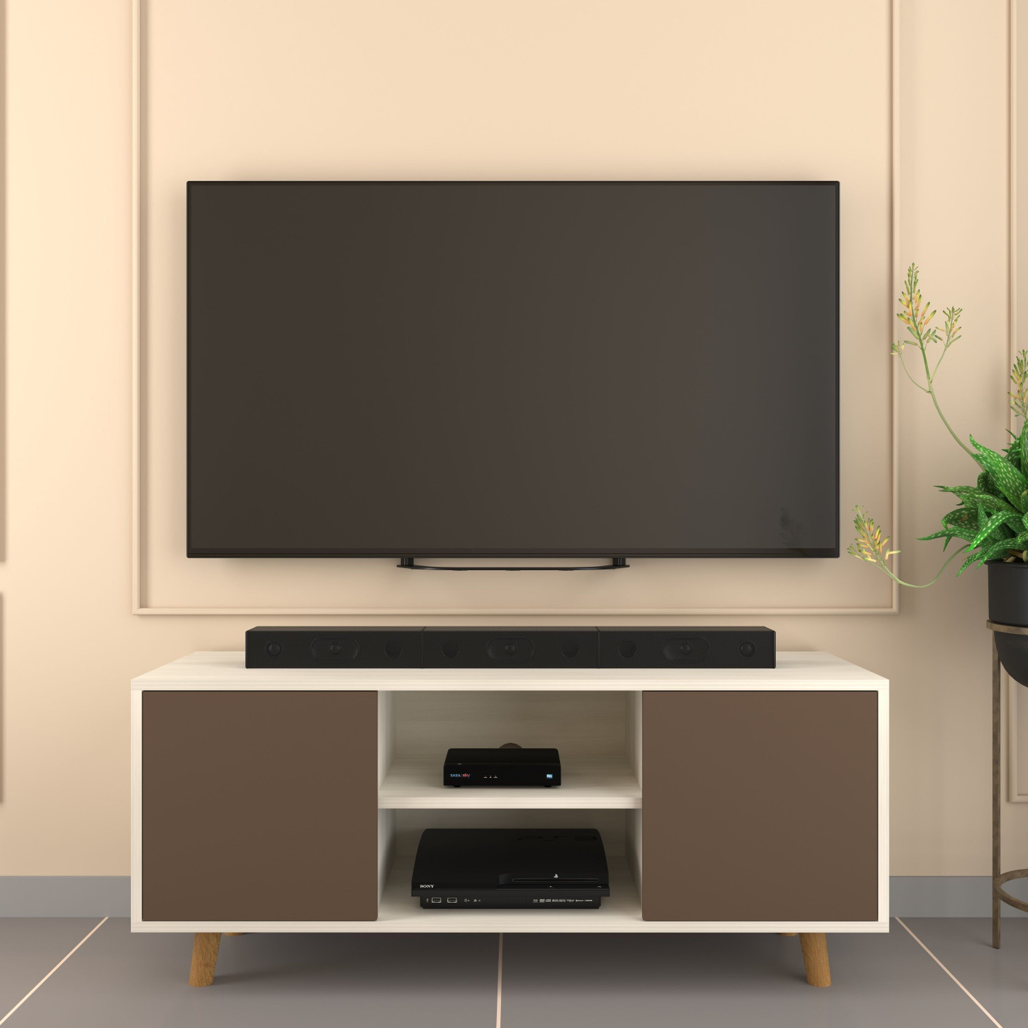 Image of spacesbyU Brelo TV Unit with Storage | Solid Wood Legs | Engineered Wood TV Entertainment Unit