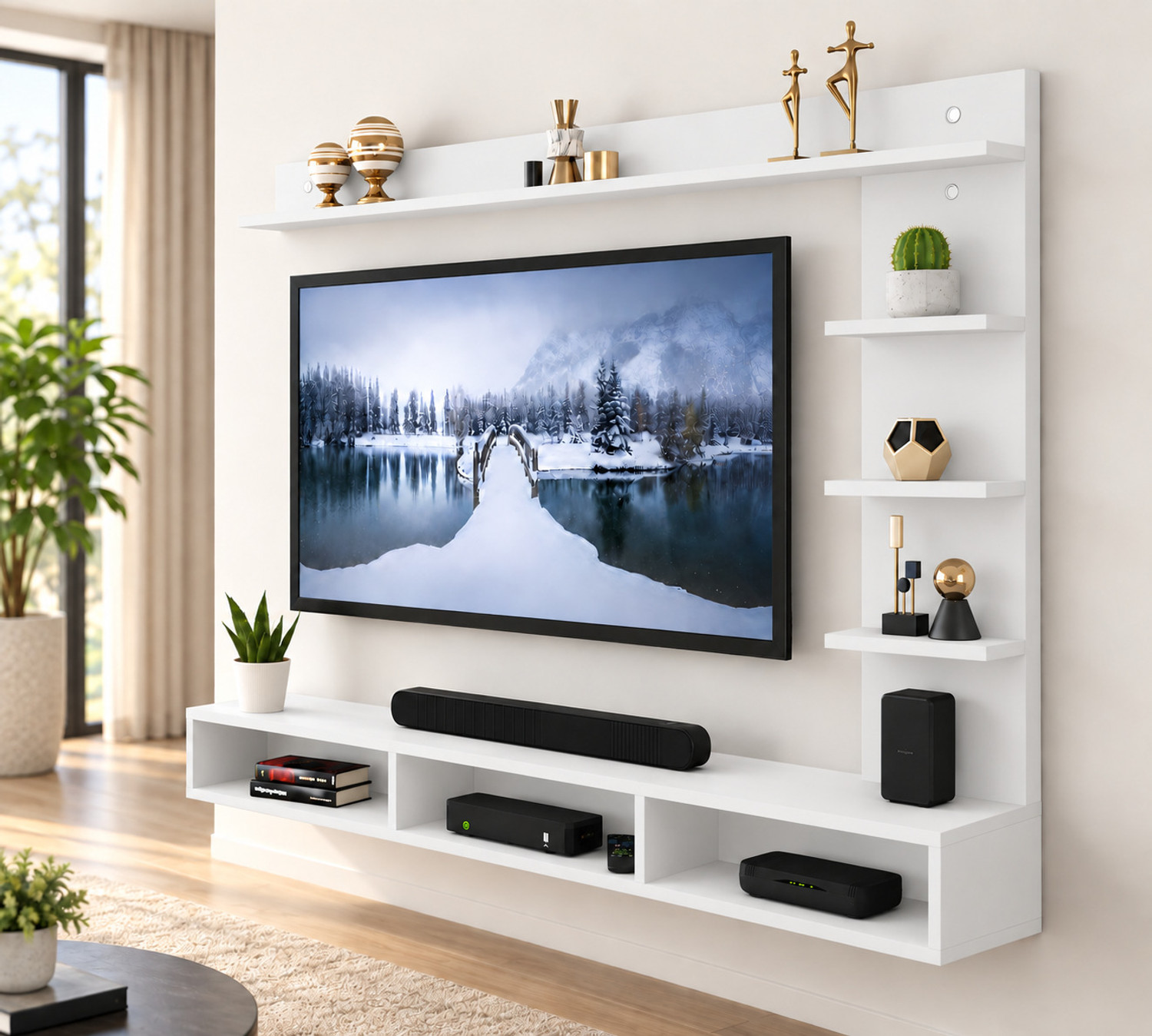 Image of Artival Crafts Urban Wall Mounted Engineered Wood TV Unit with Storage Shelves, Wenge & White Engineered Wood TV Entertainment Unit