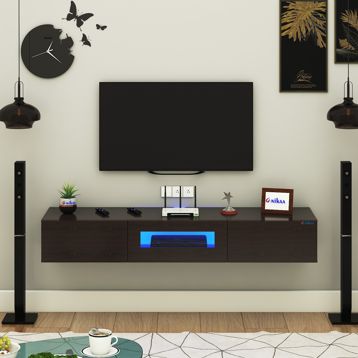 Image of FURNIWUD Lucen Wall Mount Modern Floating TV Unit with Storage Cabinet & Blue LED Light Engineered Wood TV Entertainment Unit
