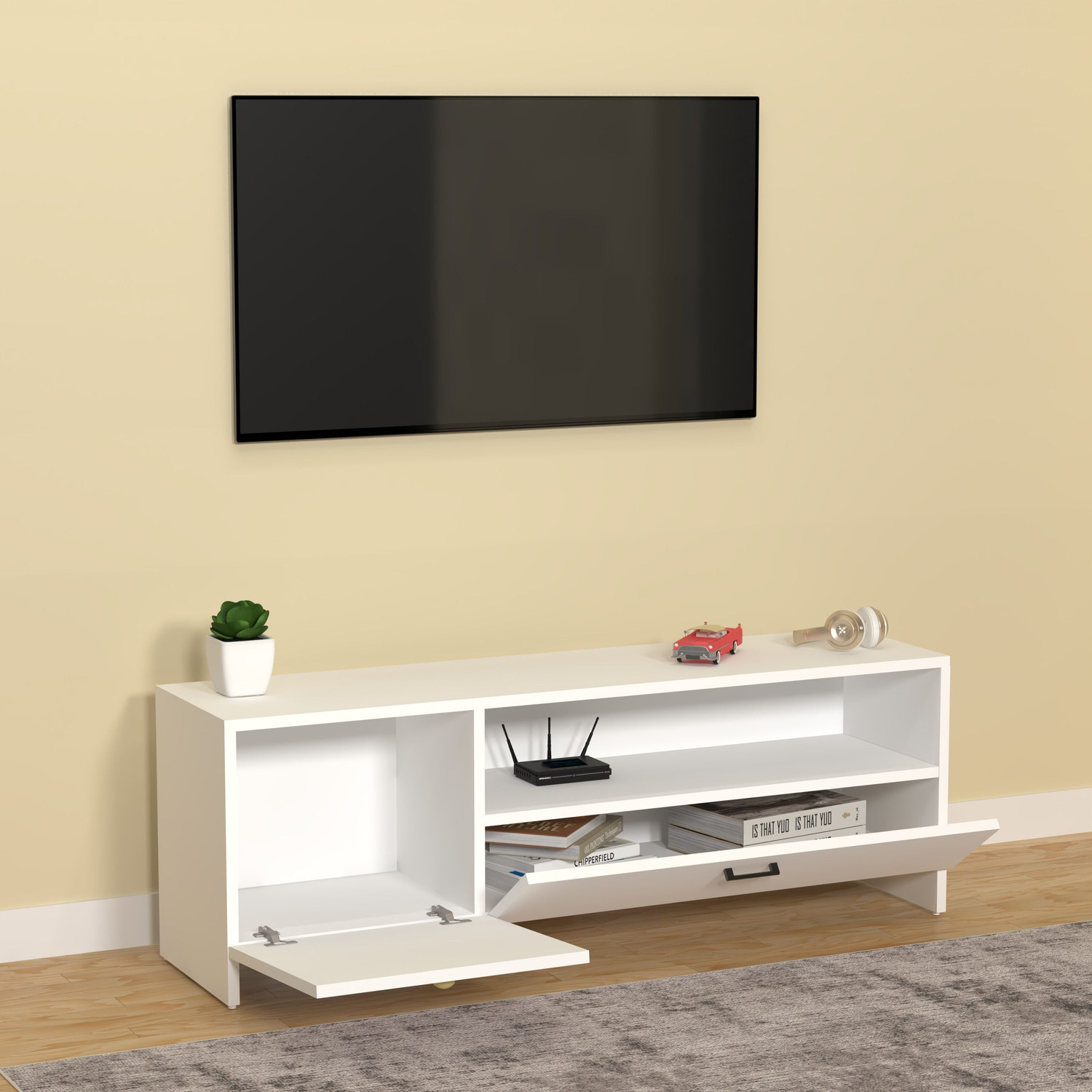 Image of Flipkart Perfect Homes Modern Engineered Wood TV Unit Cabinet with Storage for Living Room, Bedroom Engineered Wood TV Entertainment Unit