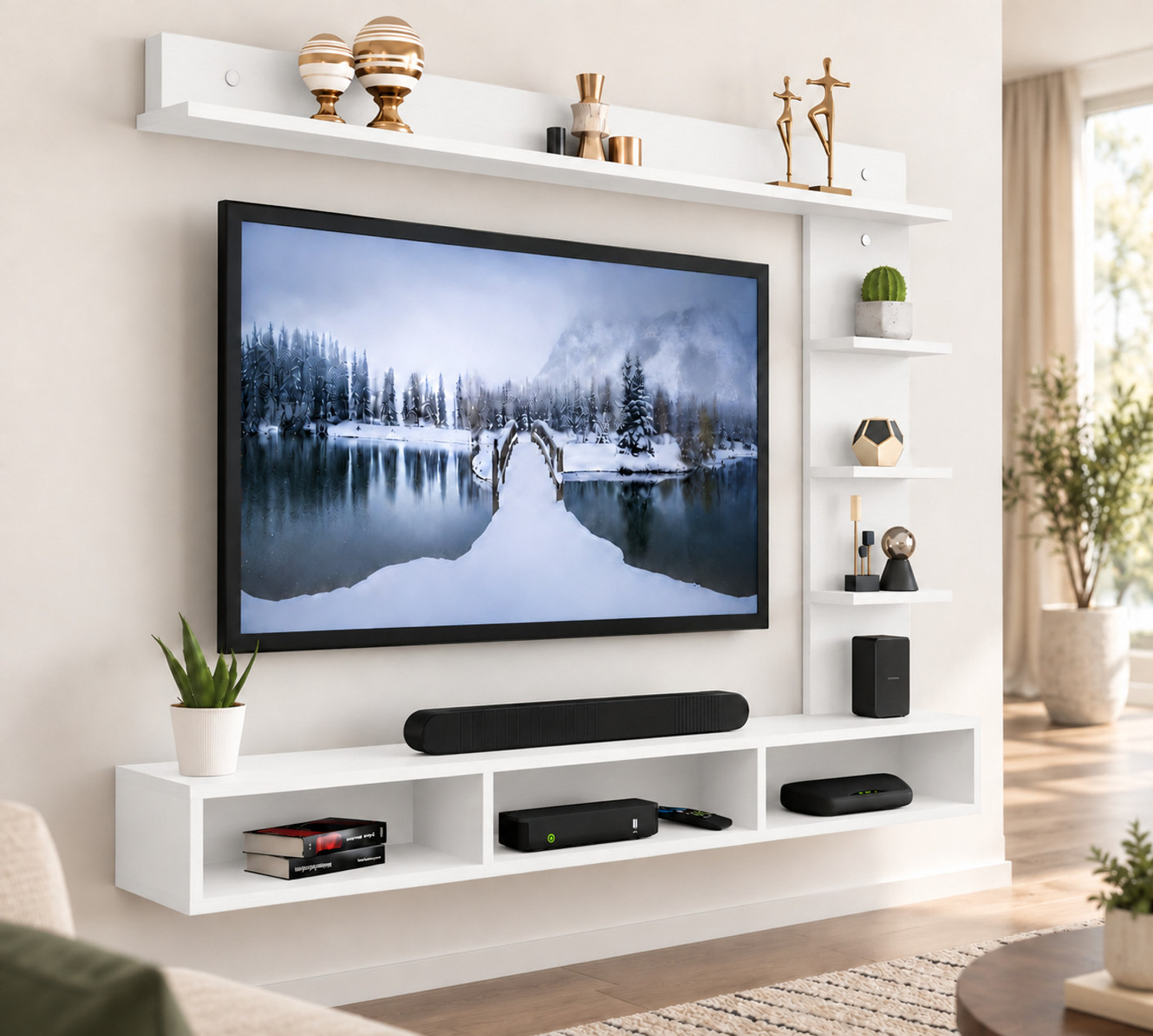 Image of Artival Crafts Urban Wall Mounted Engineered Wood TV Unit with Storage Shelves, Wenge & White Engineered Wood TV Entertainment Unit