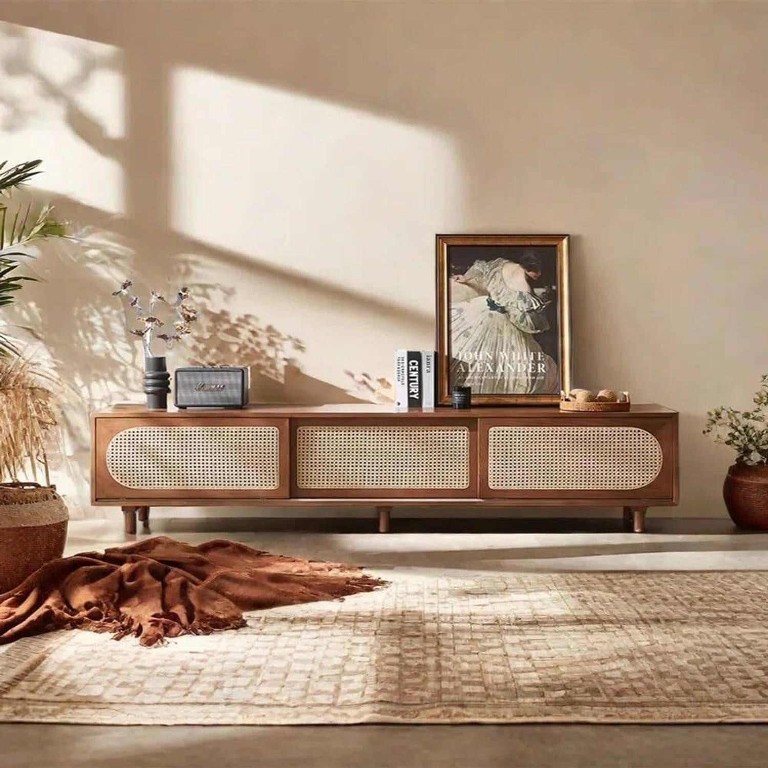 ISHIKA FURNITURE Velmont Mid-Century Modern TV Stand with Cane We