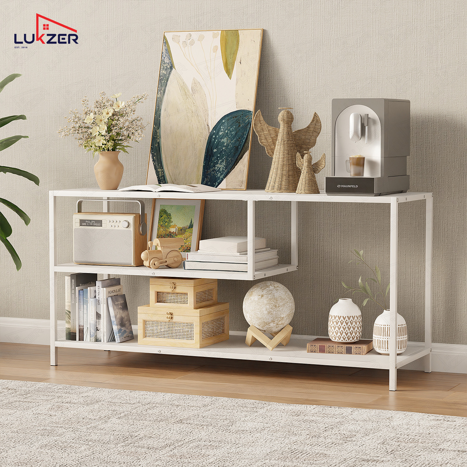 Image of LUKZER Lukzer MTU-001 White & White Wooden Metal TV Unit Table Engineered Wood TV Entertainment Unit