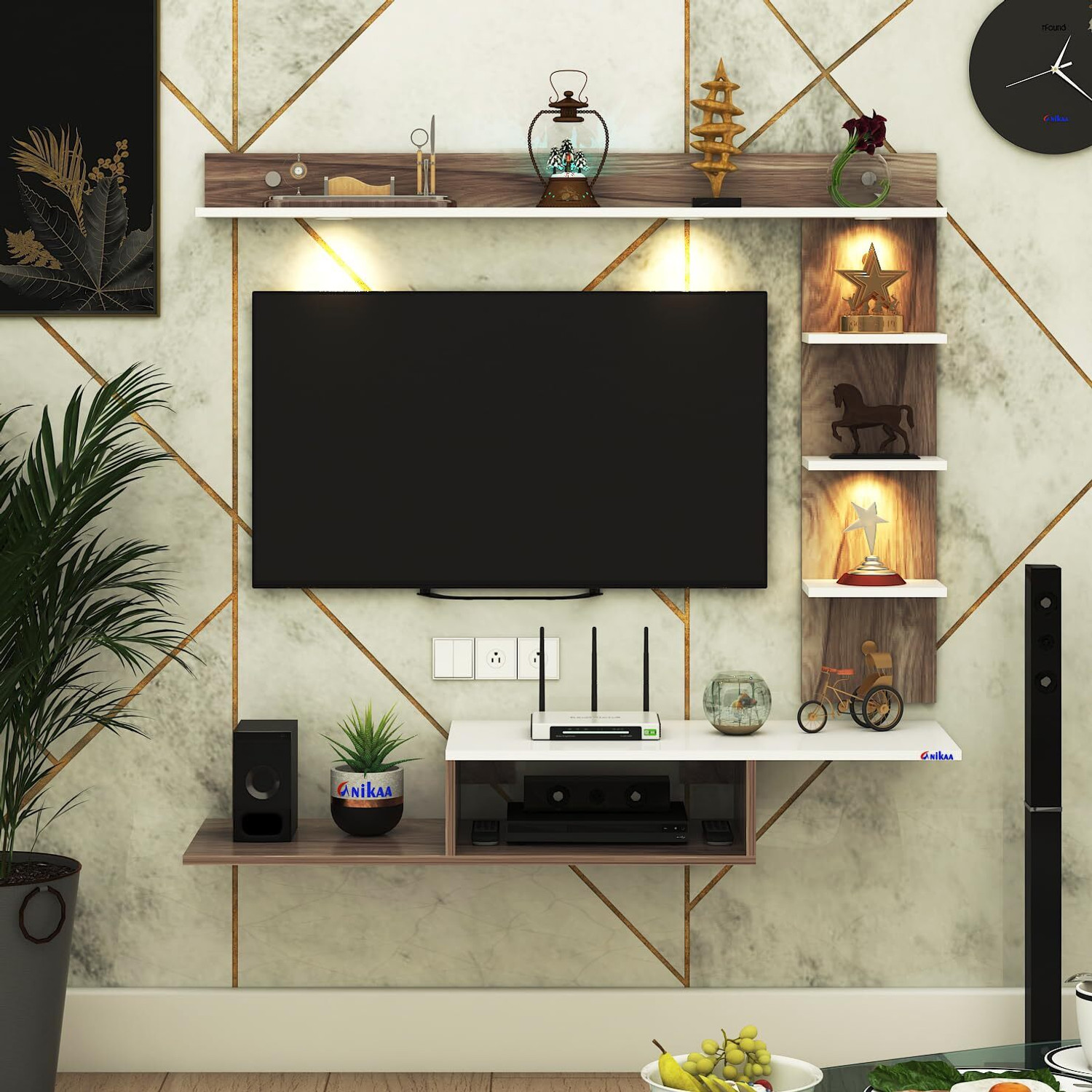 Image of FURNIWUD Wintor Wall Mounted TV Unit with 4 LED Lights, Storage Box & Decorative Shelf Engineered Wood TV Entertainment Unit