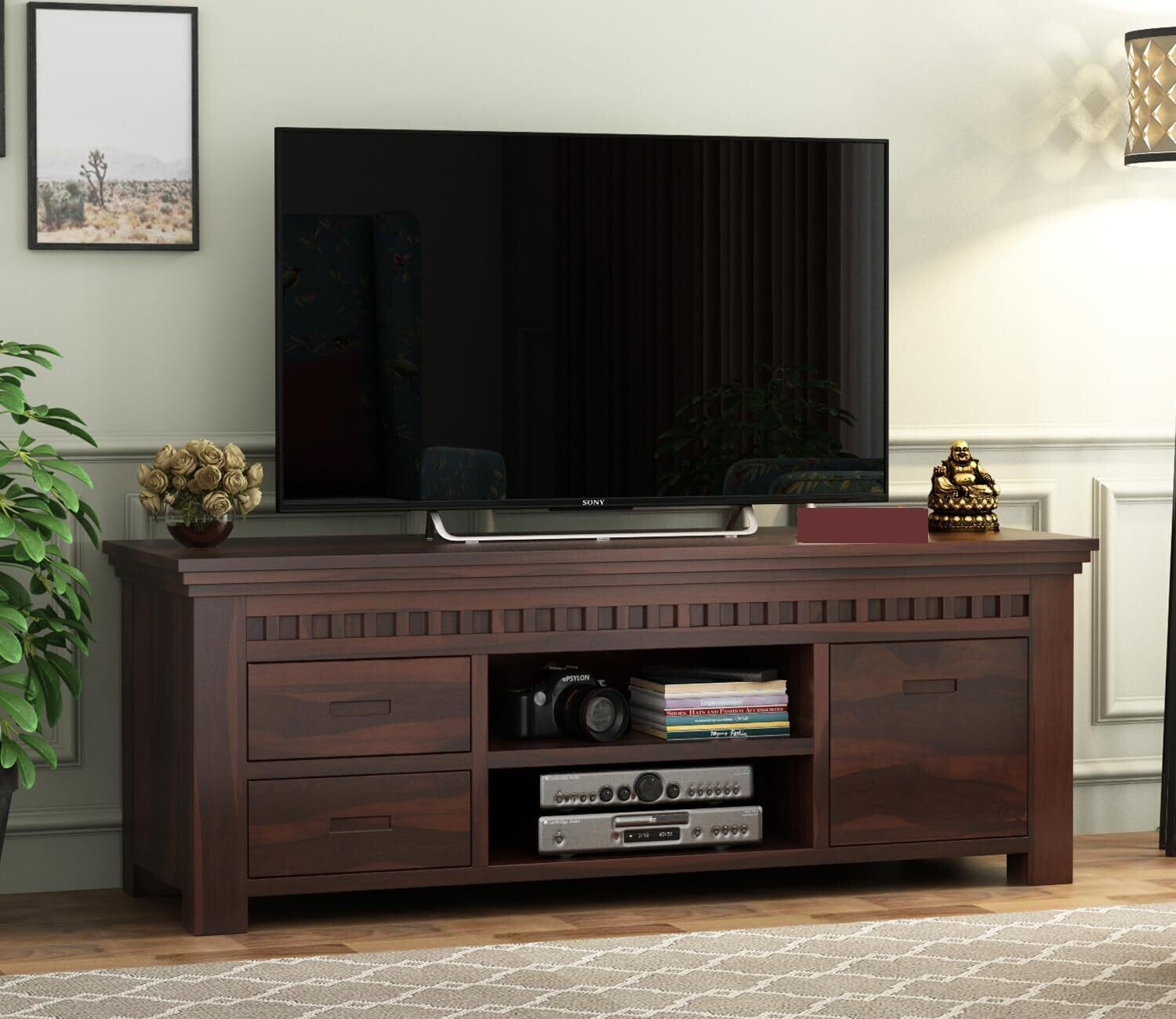 Image of AMBICA WOODMART Solid Sheesham Wood TV Entertainment Unit For Home\Office Area, Solid Wood TV Entertainment Unit