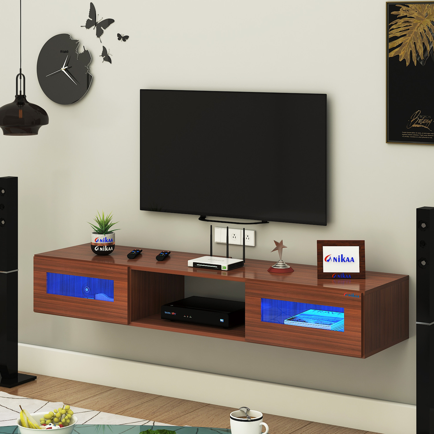 Image of FURNIWUD Orilo Wall Mount Modern Floating TV Unit with Storage Cabinet & Blue LED Light Engineered Wood TV Entertainment Unit