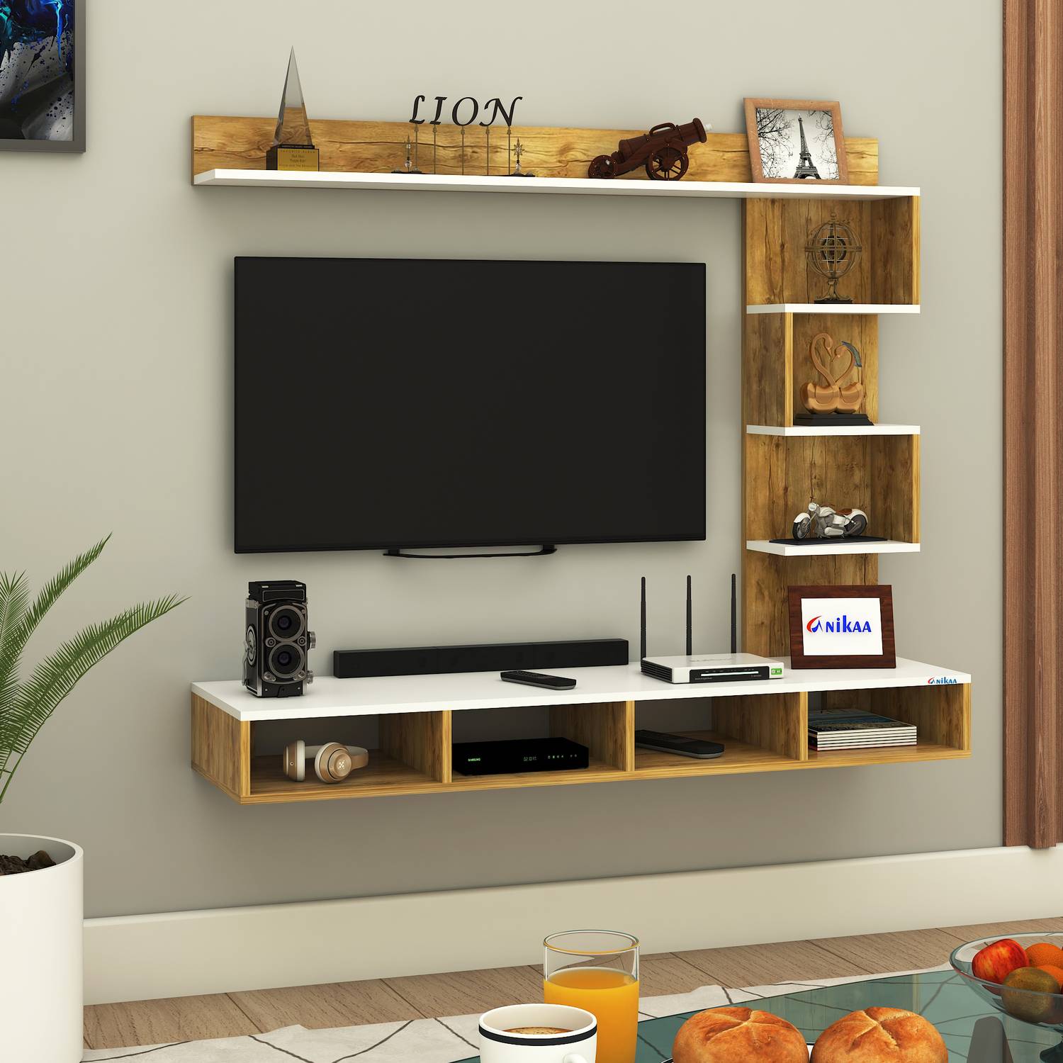 ANIKAA Laura Wall-Mount TV Unit Cabinet with Storage Box & Decorative Shelves Engineered Wood TV Entertainment Unit