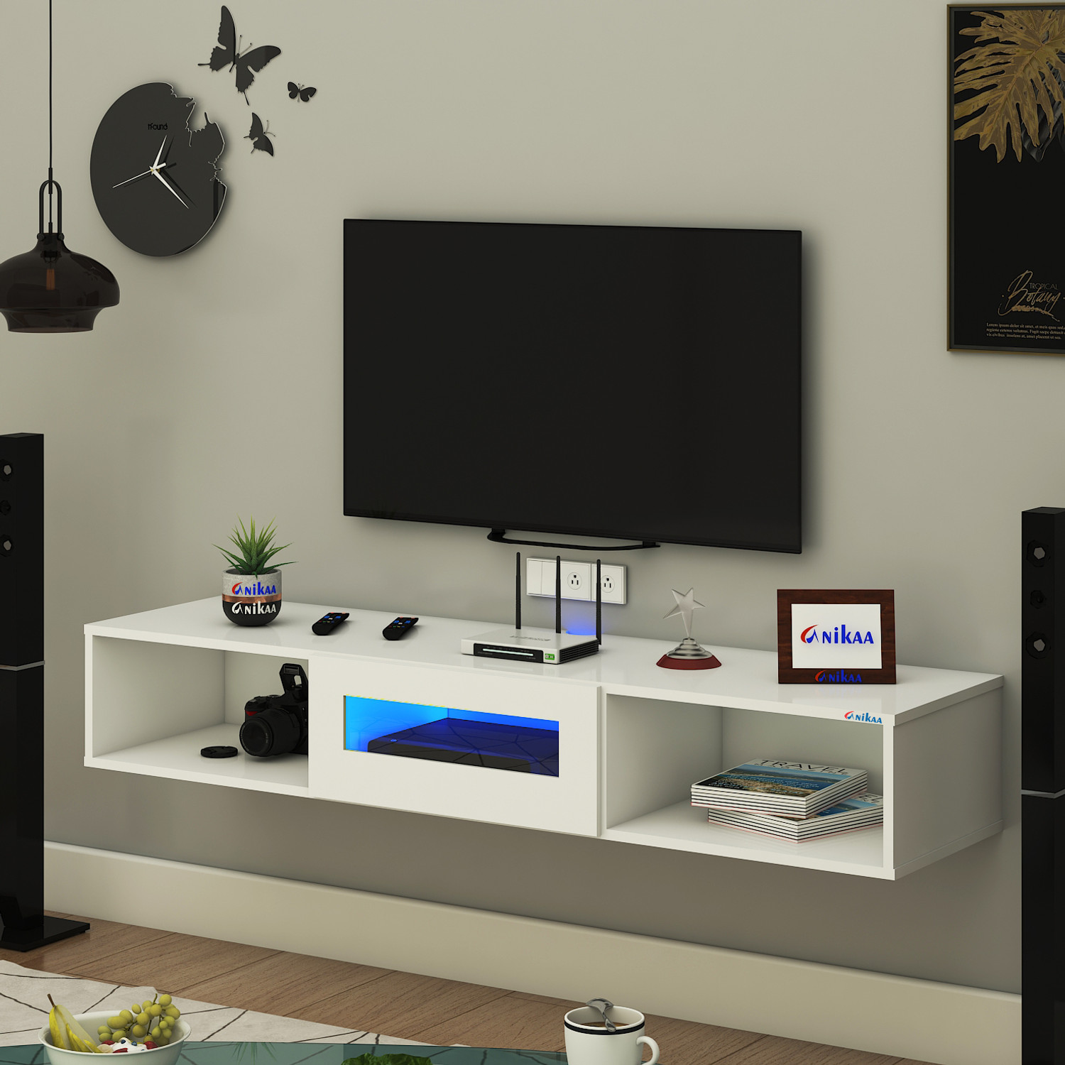 Image of FURNIWUD Novus Wall Mount Modern Floating TV Unit with Storage Cabinet & Blue LED Light Engineered Wood TV Entertainment Unit