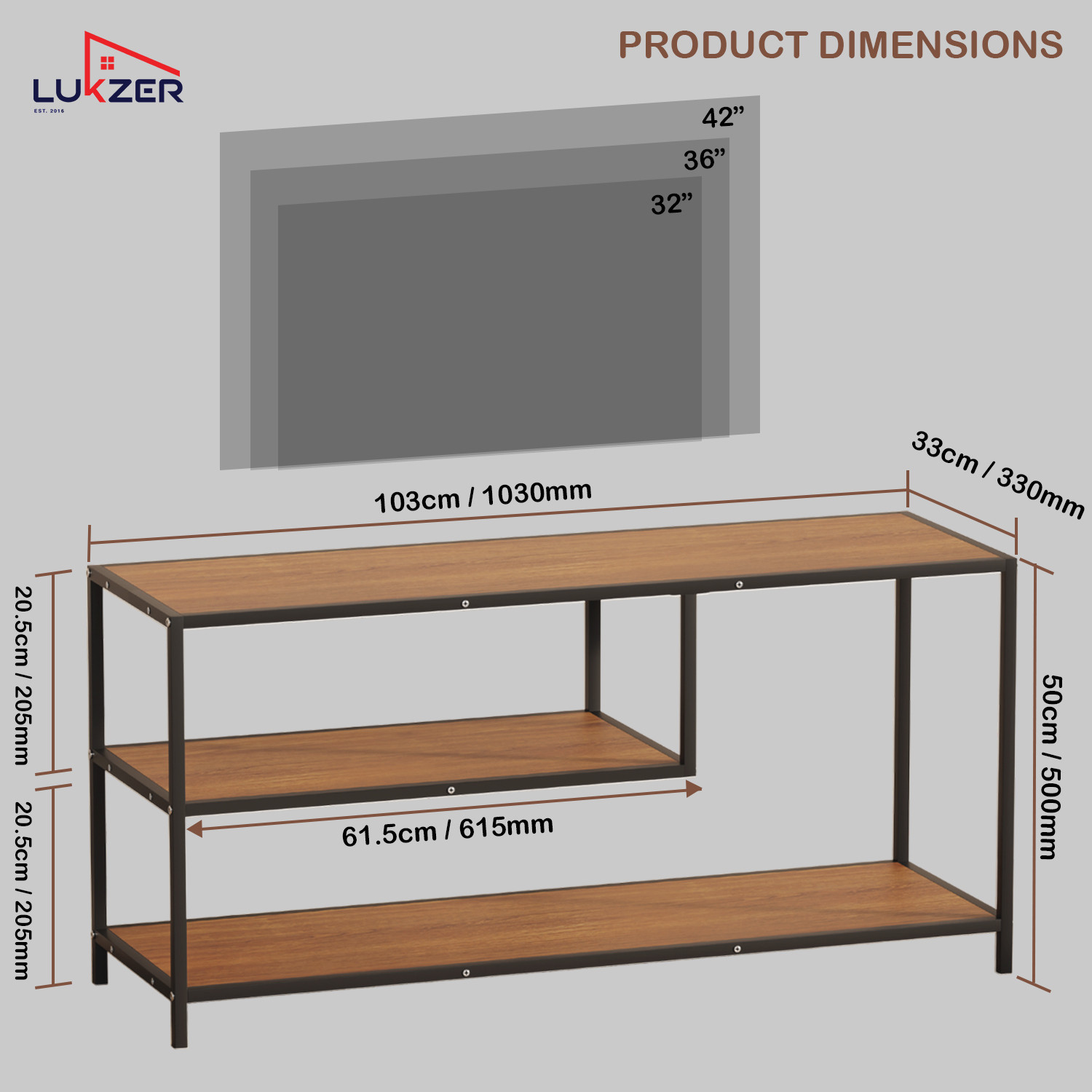 Image of LUKZER Lukzer MTU-001 Black & Oak Brown Wooden Metal TV Unit Table Engineered Wood TV Entertainment Unit