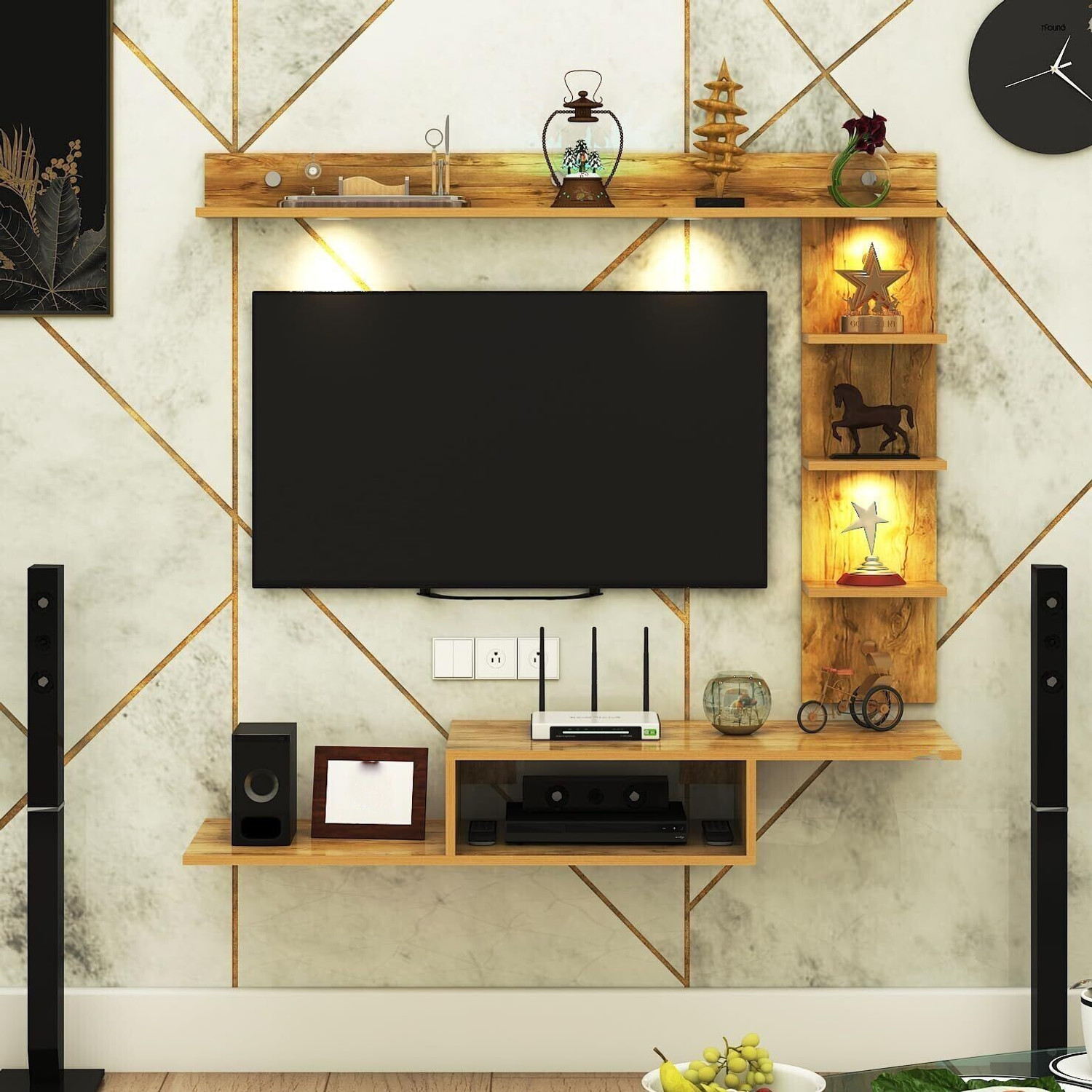 Image of FURNIWUD Wintor Wall Mounted TV Unit with 4 LED Lights, Storage Box & Decorative Shelf Engineered Wood TV Entertainment Unit
