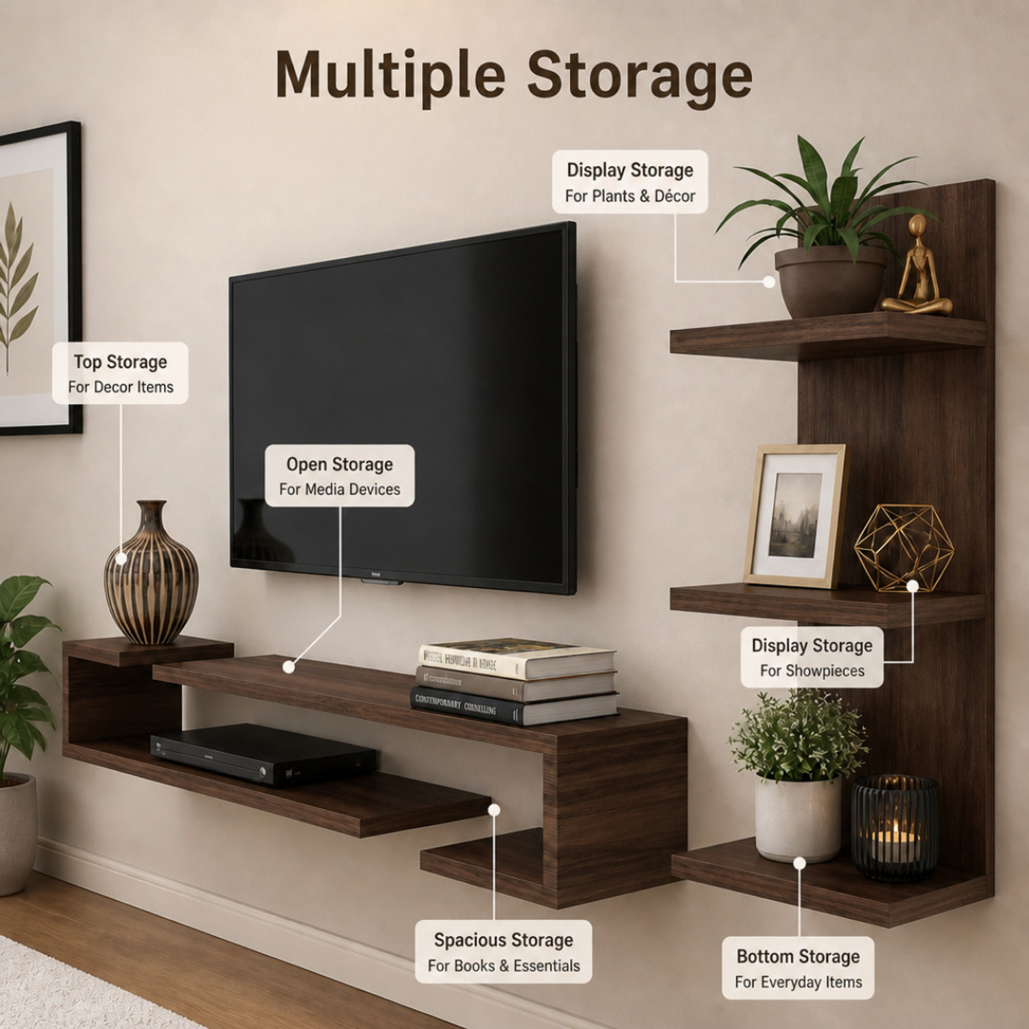 Image of Flipkart Perfect Homes Luma rack cabinet stand display console set top box 17mm Thick Wall Mount Engineered Wood TV Entertainment Unit (Finish Color - Walnut, DIY(Do-It-Yourself))