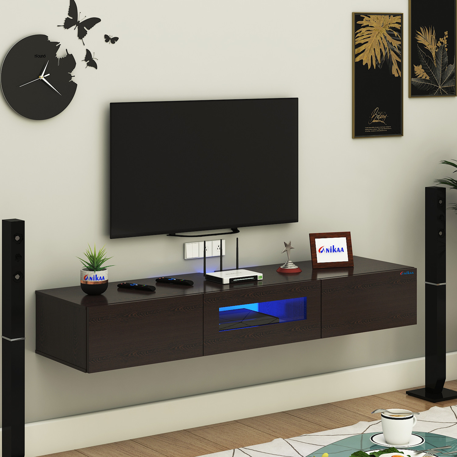 Image of FURNIWUD Lucen Wall Mount Modern Floating TV Unit with Storage Cabinet & Blue LED Light Engineered Wood TV Entertainment Unit