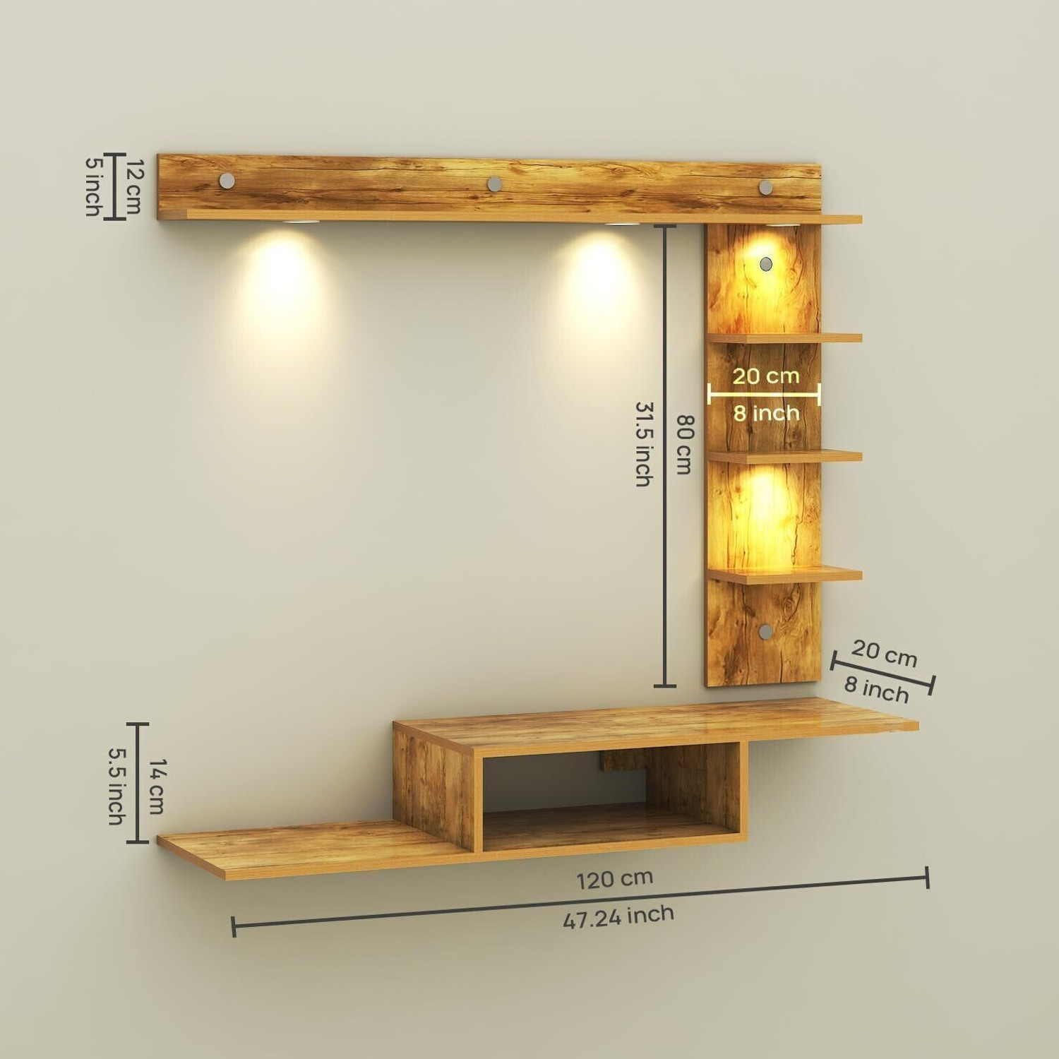 Image of FURNIWUD Wintor Wall Mounted TV Unit with 4 LED Lights, Storage Box & Decorative Shelf Engineered Wood TV Entertainment Unit