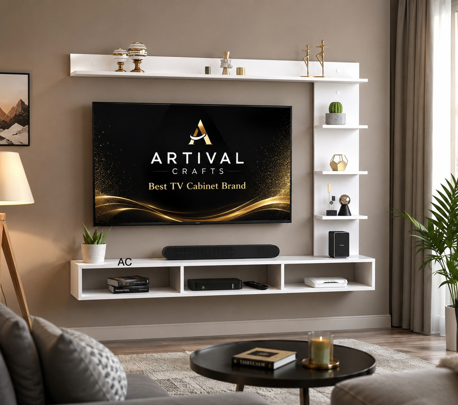 Image of Artival Crafts Designer C-Shape TV Stand Wooden Entertainment Unit Wall Shelf Engineered Wood TV Entertainment Unit