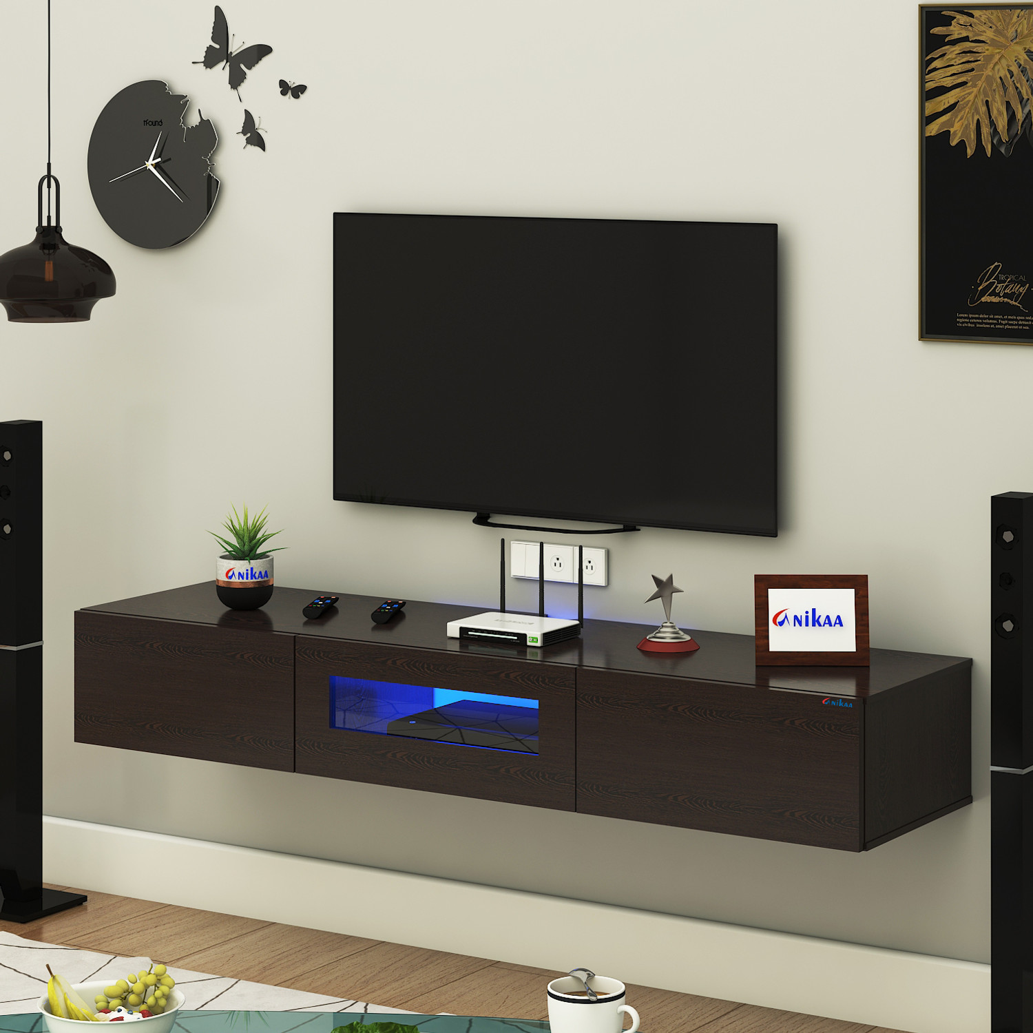 Image of FURNIWUD Lucen Wall Mount Modern Floating TV Unit with Storage Cabinet & Blue LED Light Engineered Wood TV Entertainment Unit
